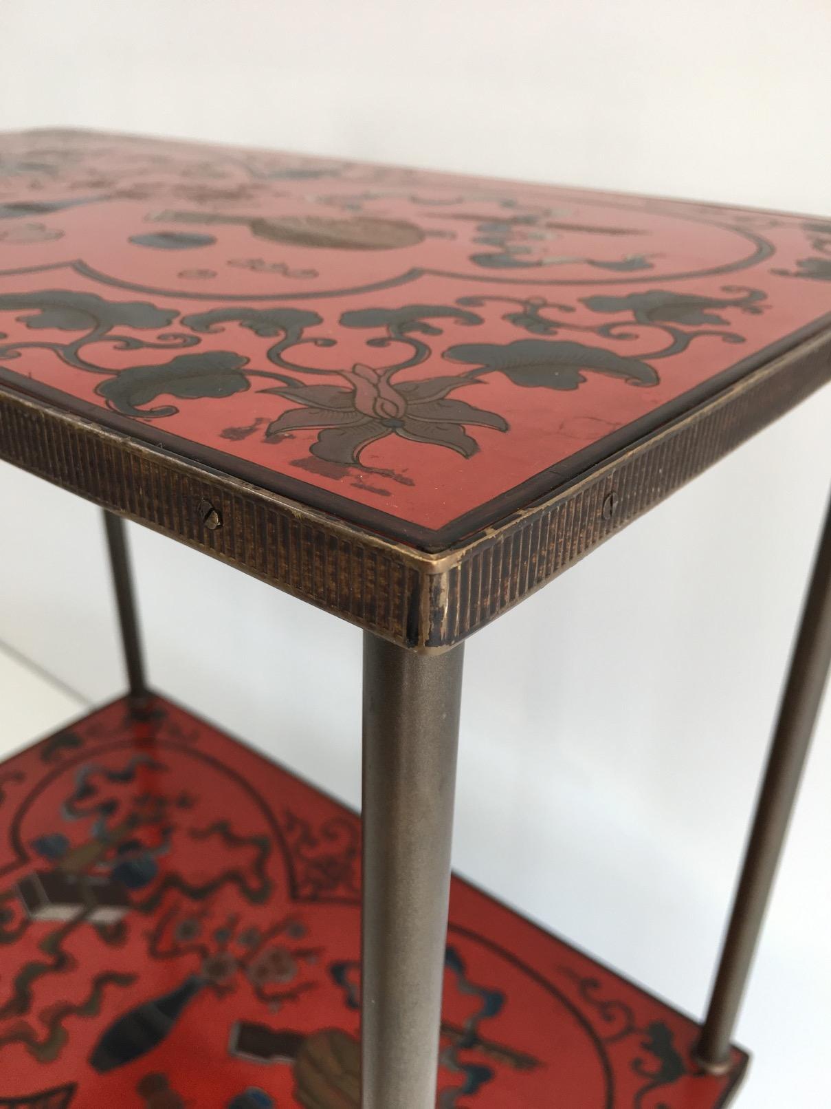 Very Nice Fine Two Tiers Table with Cloissonné Incrustations on Red Lacquer 3