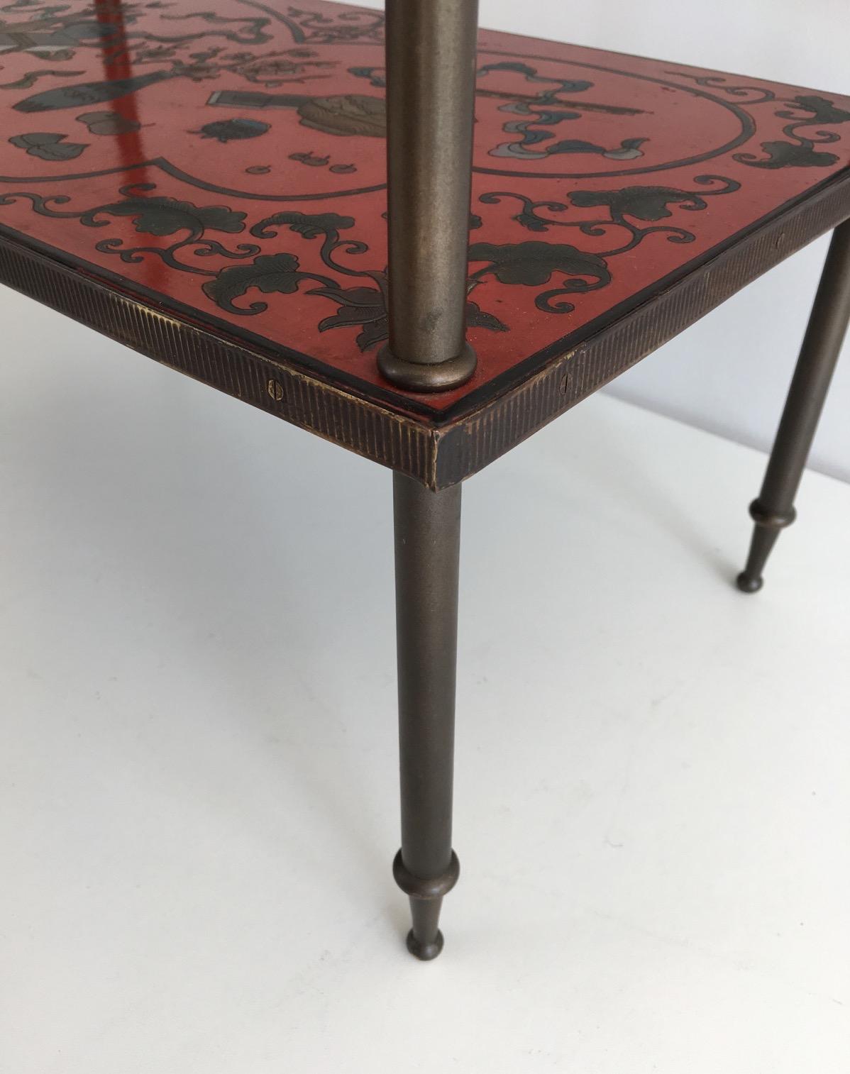 Very Nice Fine Two Tiers Table with Cloissonné Incrustations on Red Lacquer 4