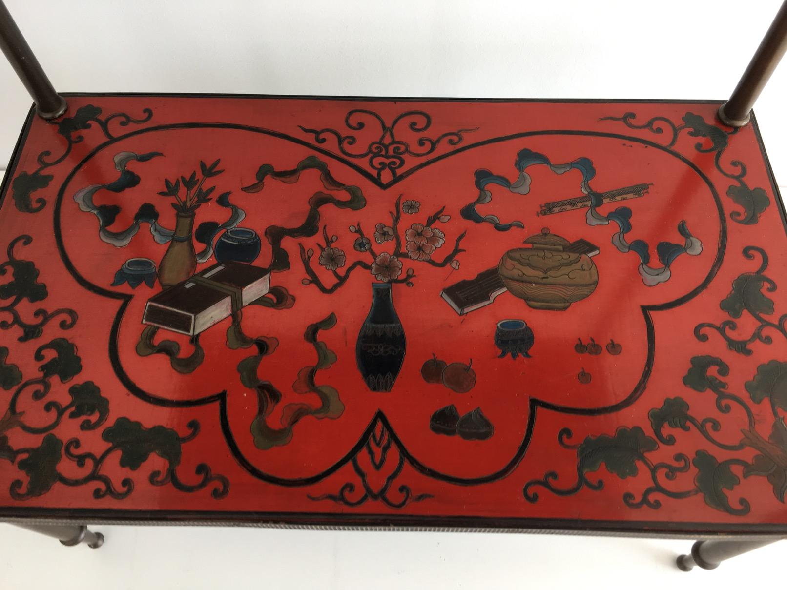 Very Nice Fine Two Tiers Table with Cloissonné Incrustations on Red Lacquer 5