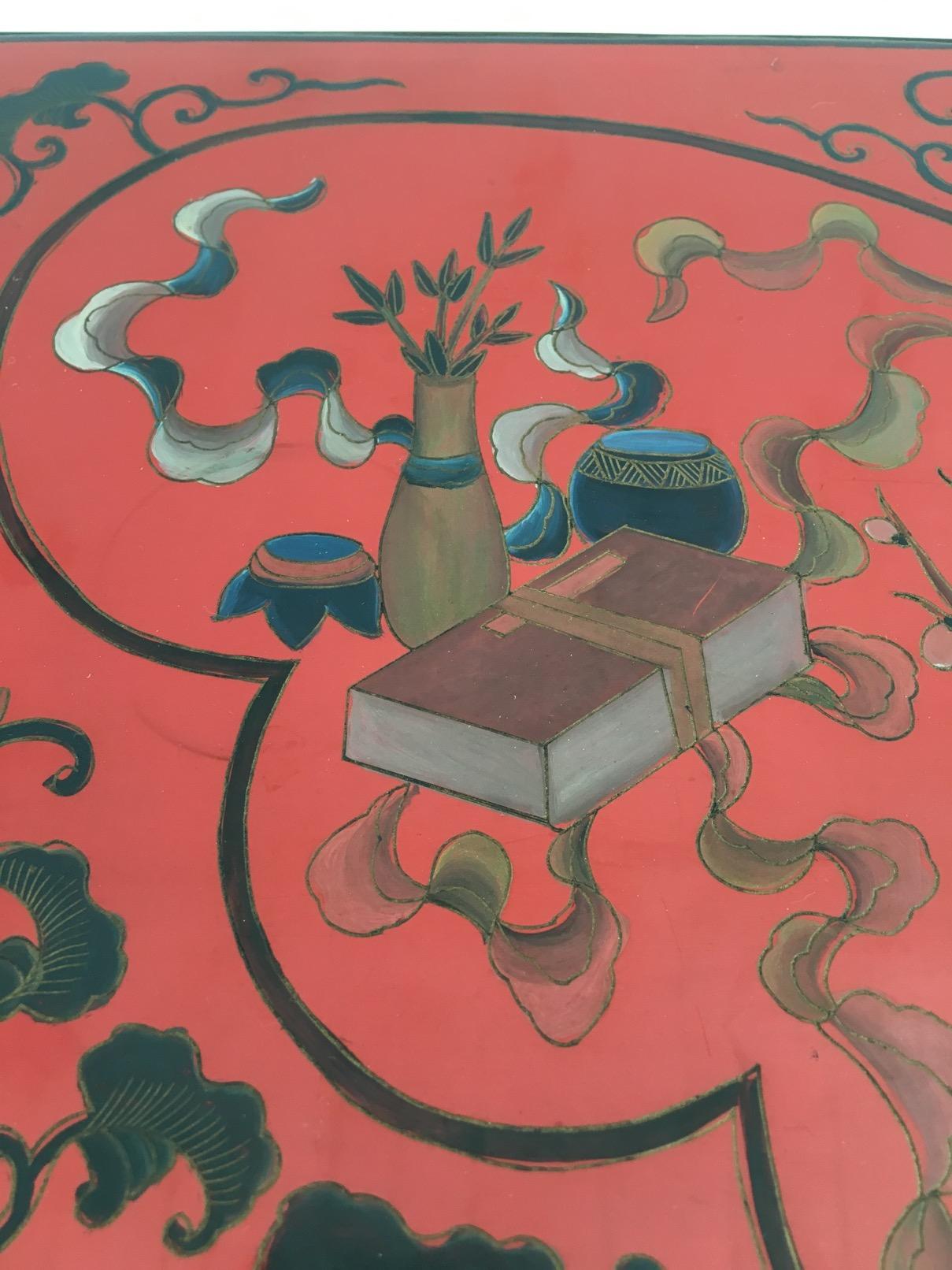 Very Nice Fine Two Tiers Table with Cloissonné Incrustations on Red Lacquer 6