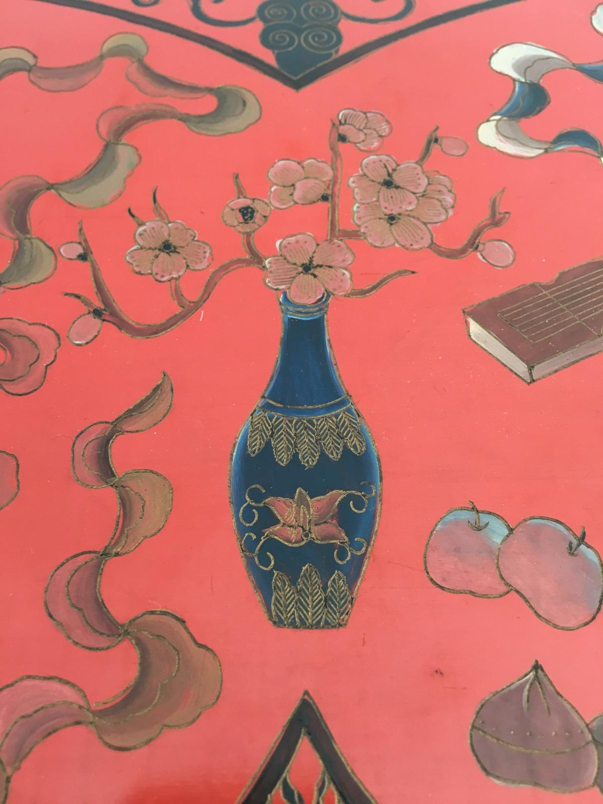 Very Nice Fine Two Tiers Table with Cloissonné Incrustations on Red Lacquer 7