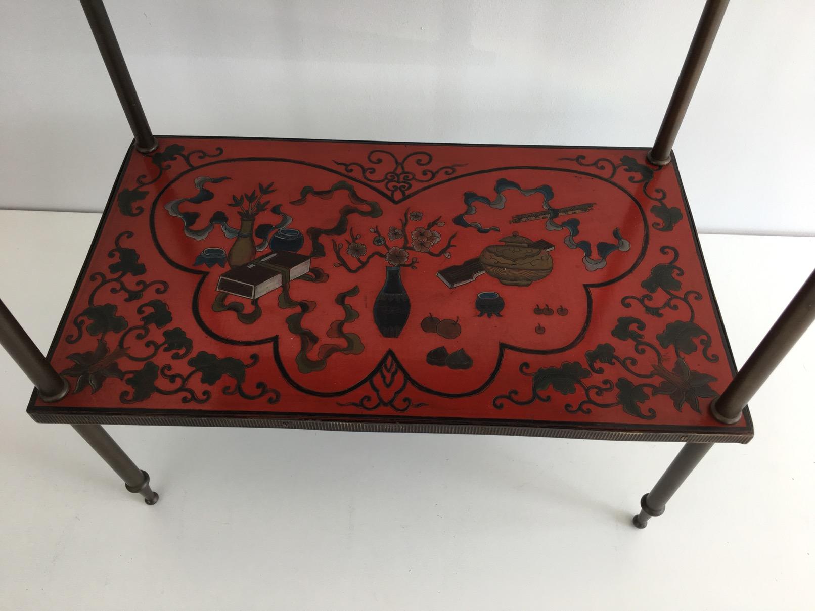 Very Nice Fine Two Tiers Table with Cloissonné Incrustations on Red Lacquer 8