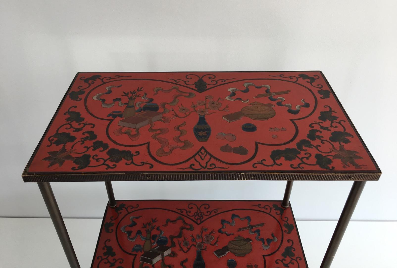 Very Nice Fine Two Tiers Table with Cloissonné Incrustations on Red Lacquer 9