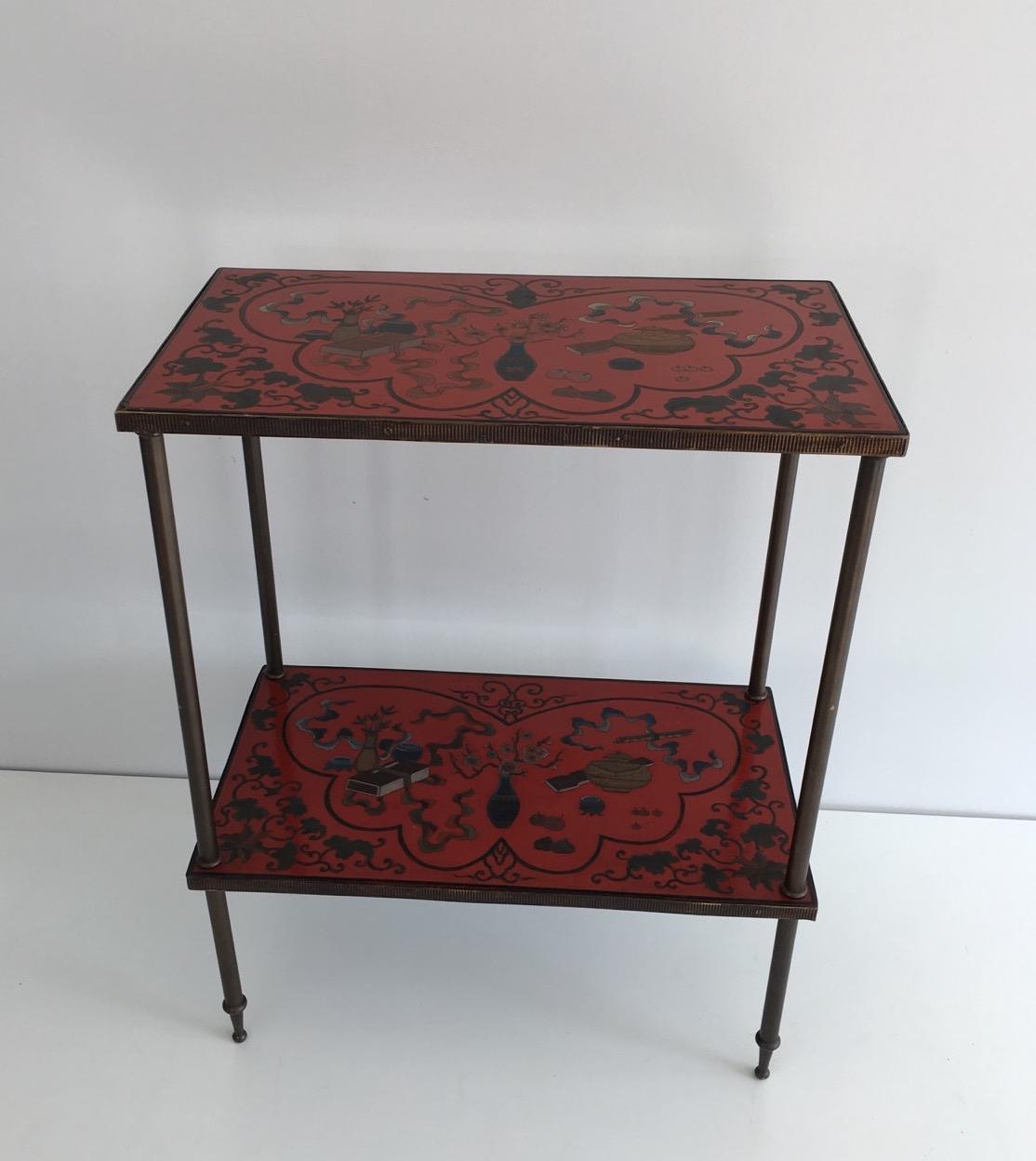 Very Nice Fine Two Tiers Table with Cloissonné Incrustations on Red Lacquer 11