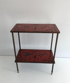 Very Nice Fine Two Tiers Table with Cloissonné Incrustations on Red Lacquer