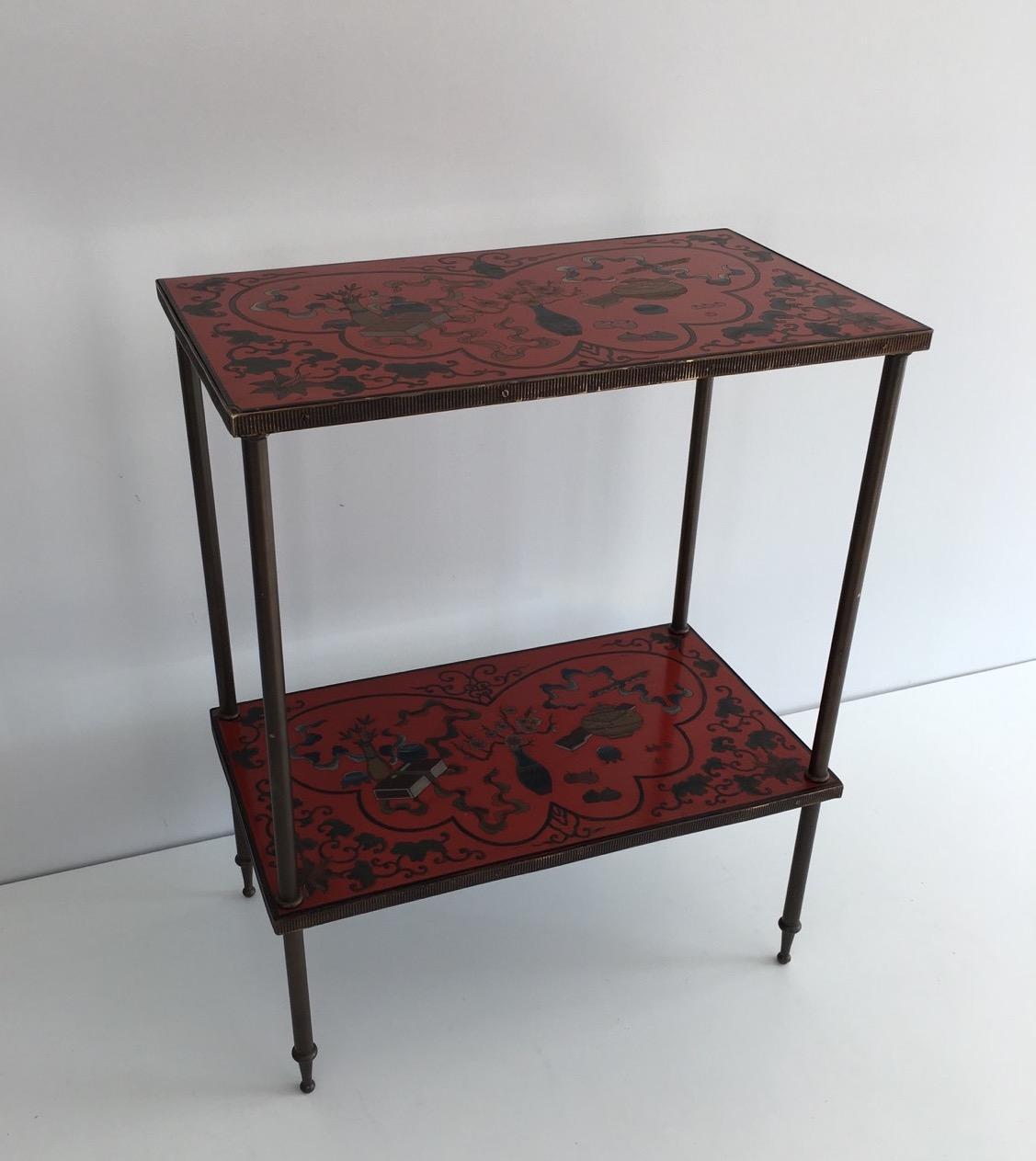 Very Nice Fine Two Tiers Table with Cloissonné Incrustations on Red Lacquer 12