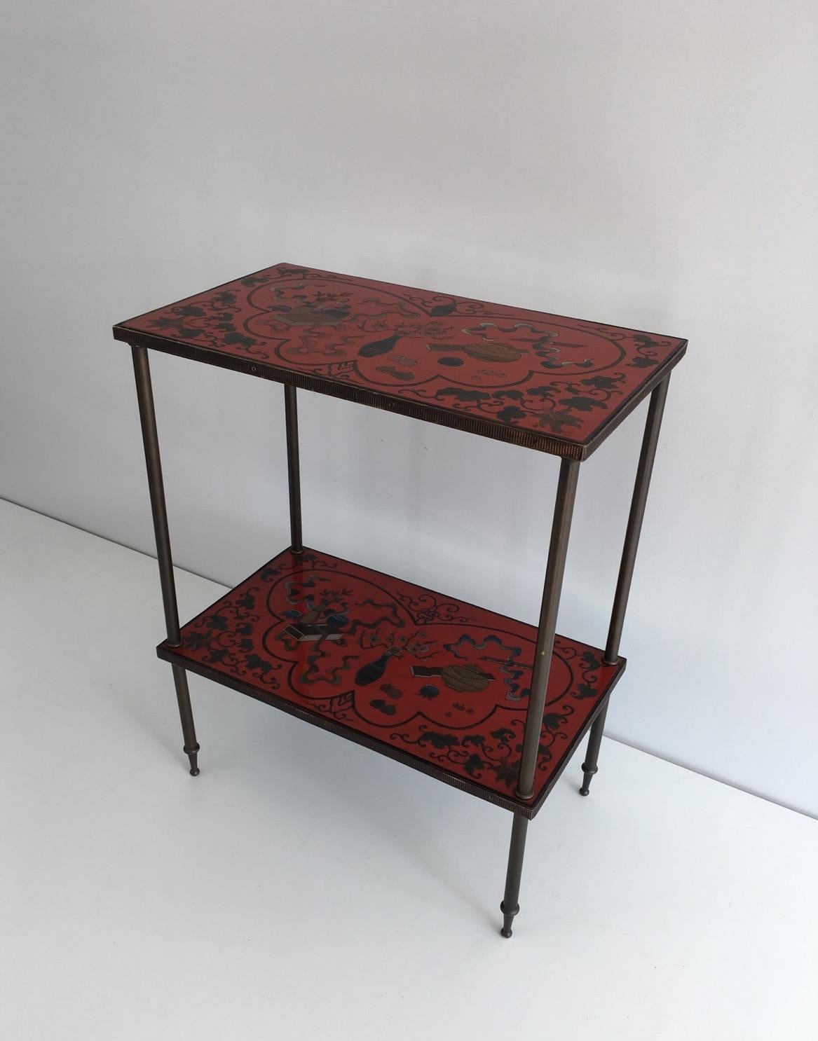 Chinoiserie Very Nice Fine Two Tiers Table with Cloissonné Incrustations on Red Lacquer
