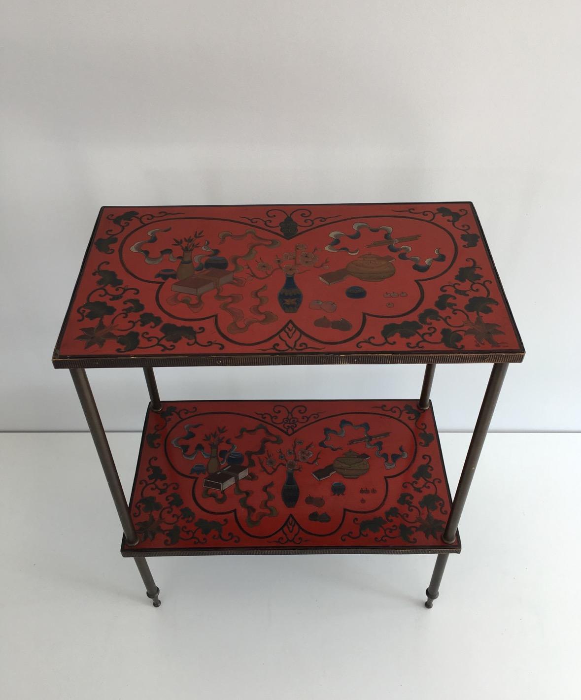 French Very Nice Fine Two Tiers Table with Cloissonné Incrustations on Red Lacquer