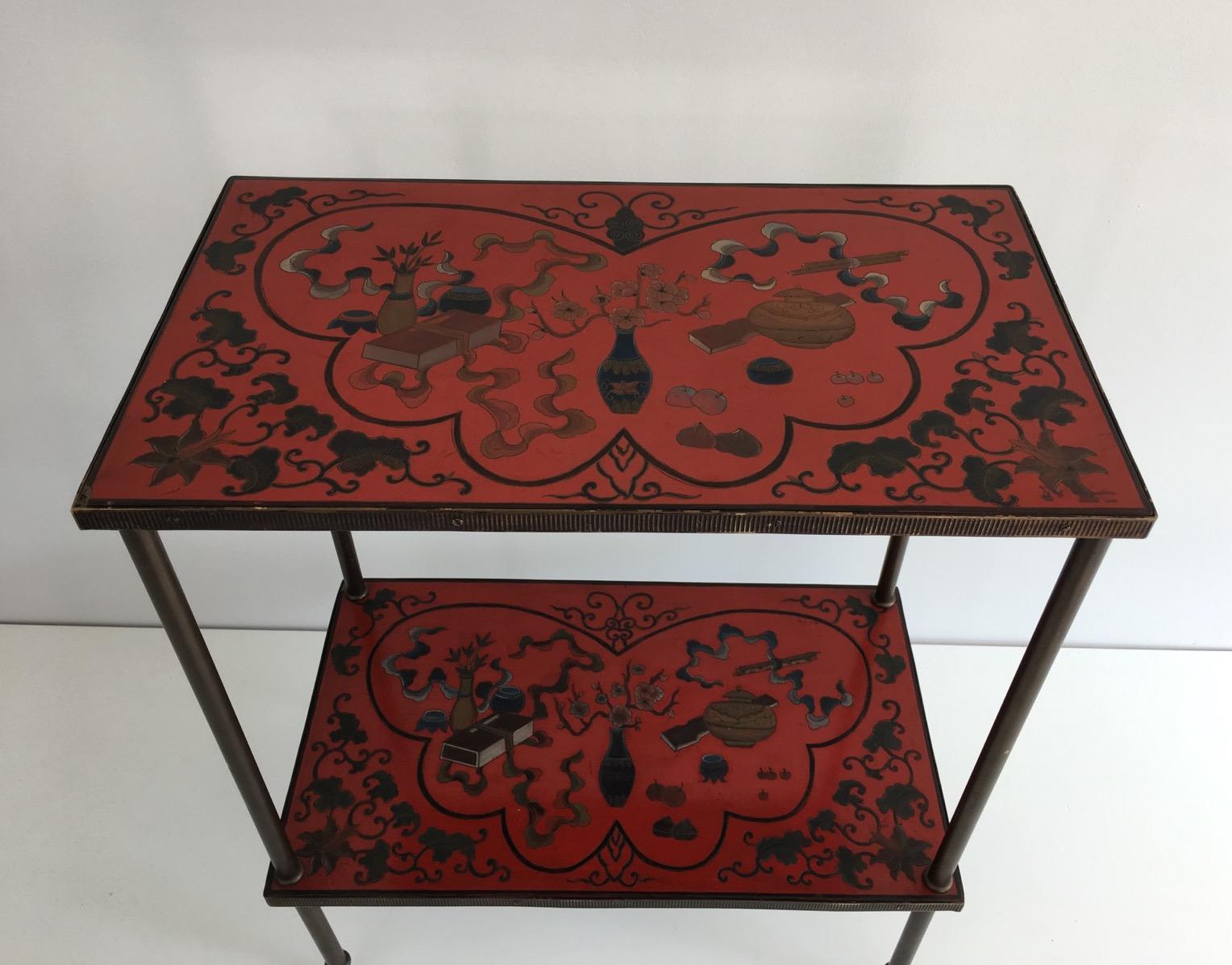 Cloissoné Very Nice Fine Two Tiers Table with Cloissonné Incrustations on Red Lacquer