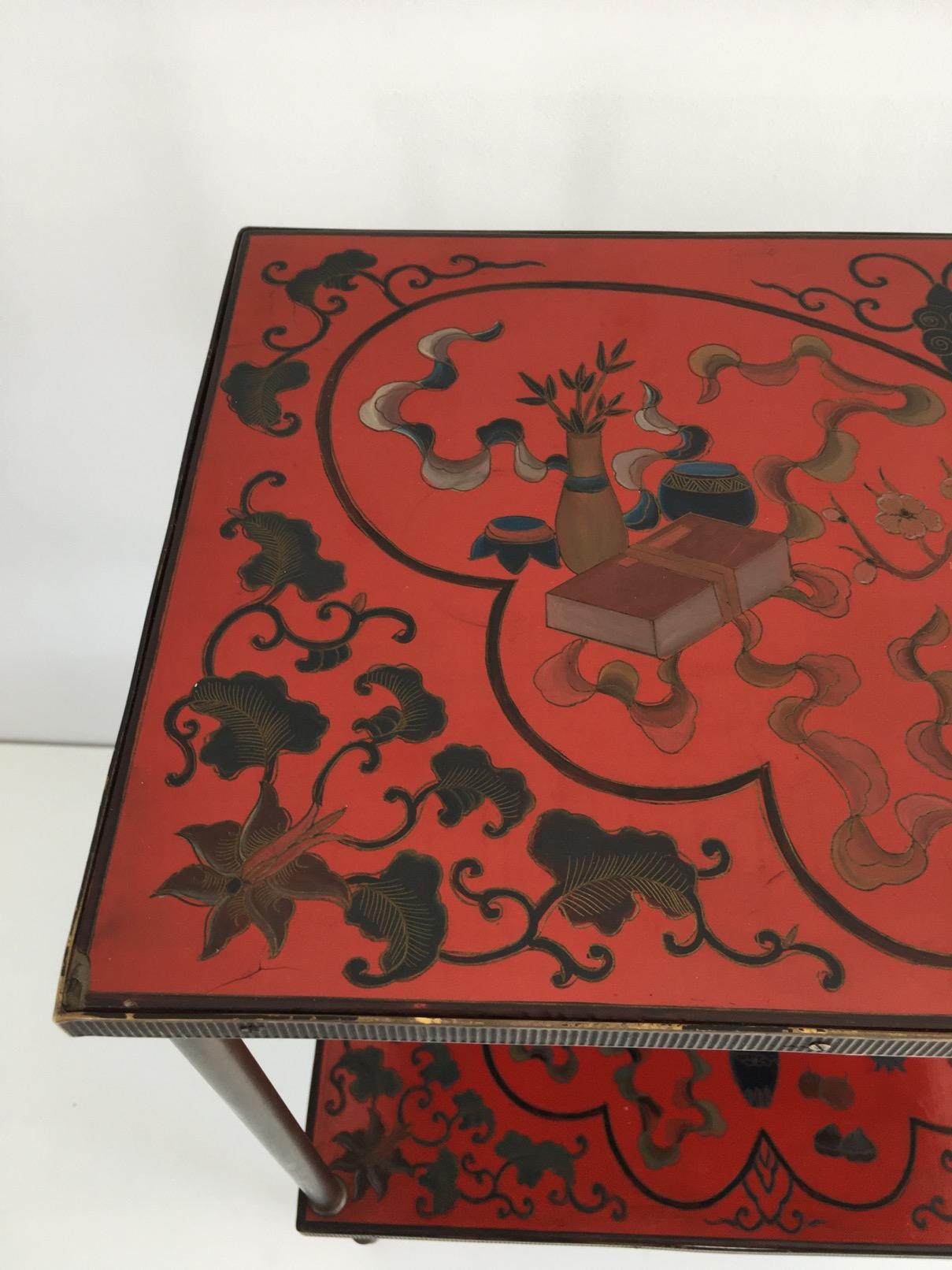 Mid-20th Century Very Nice Fine Two Tiers Table with Cloissonné Incrustations on Red Lacquer