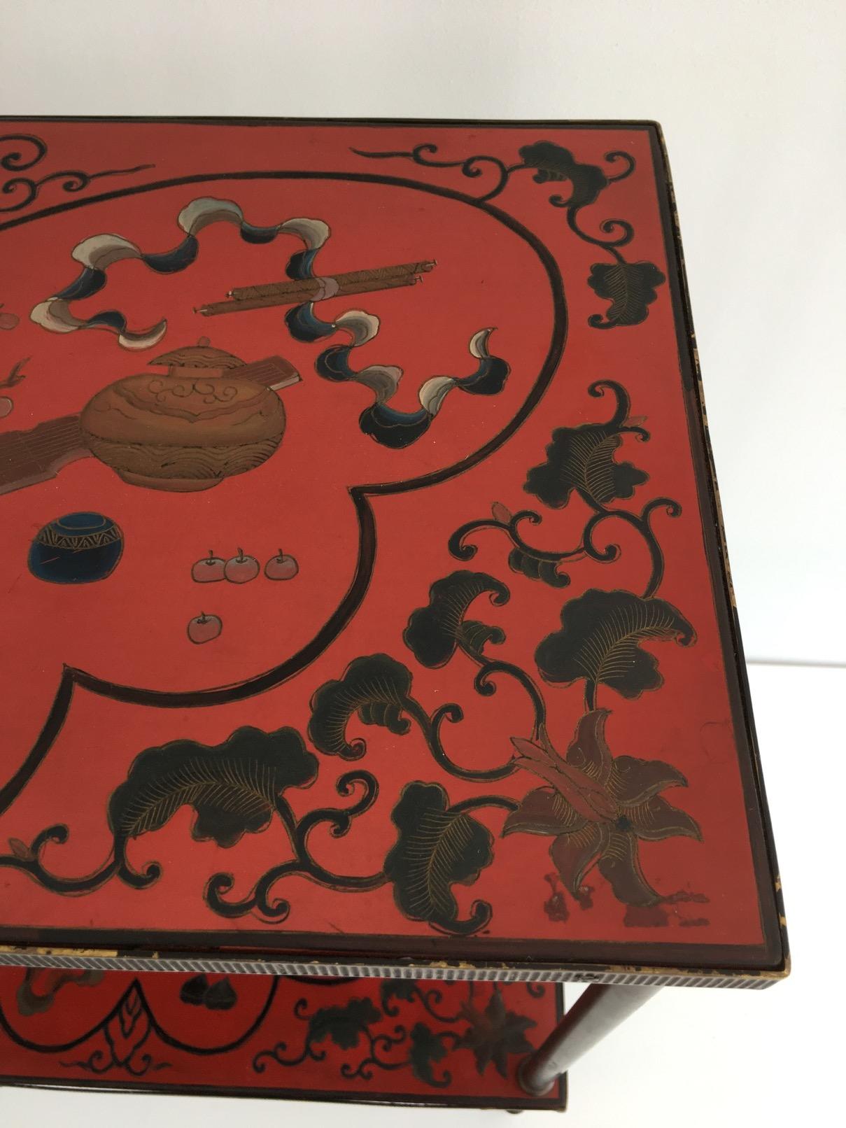 Very Nice Fine Two Tiers Table with Cloissonné Incrustations on Red Lacquer 1