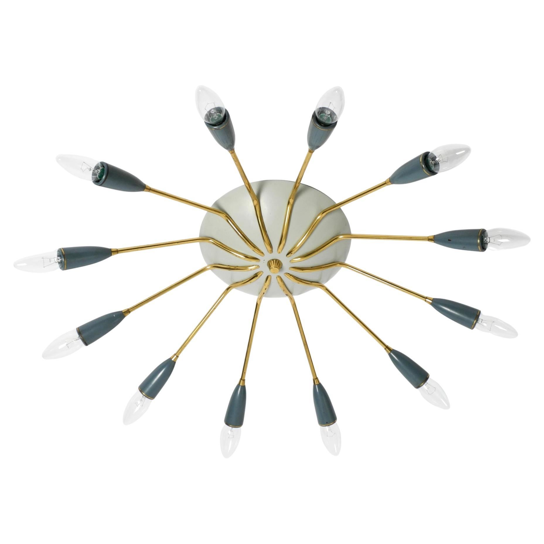 Bellissima lampada da soffitto a 12 bracci in ottone Sputnik Modern del Mid Century