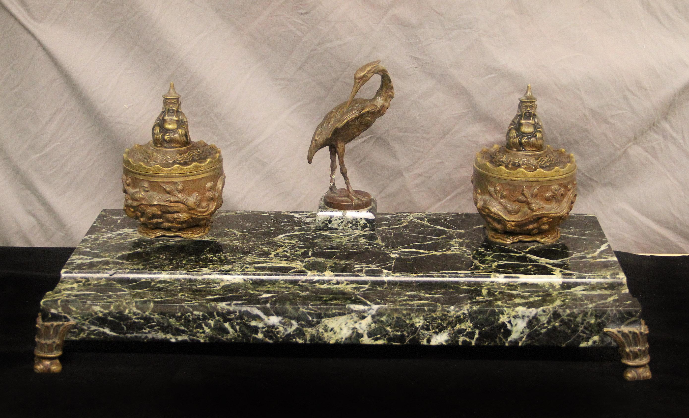 Belle Époque Very Nice Late 19th Century Bronze and Marble 3 Piece Desk Set For Sale