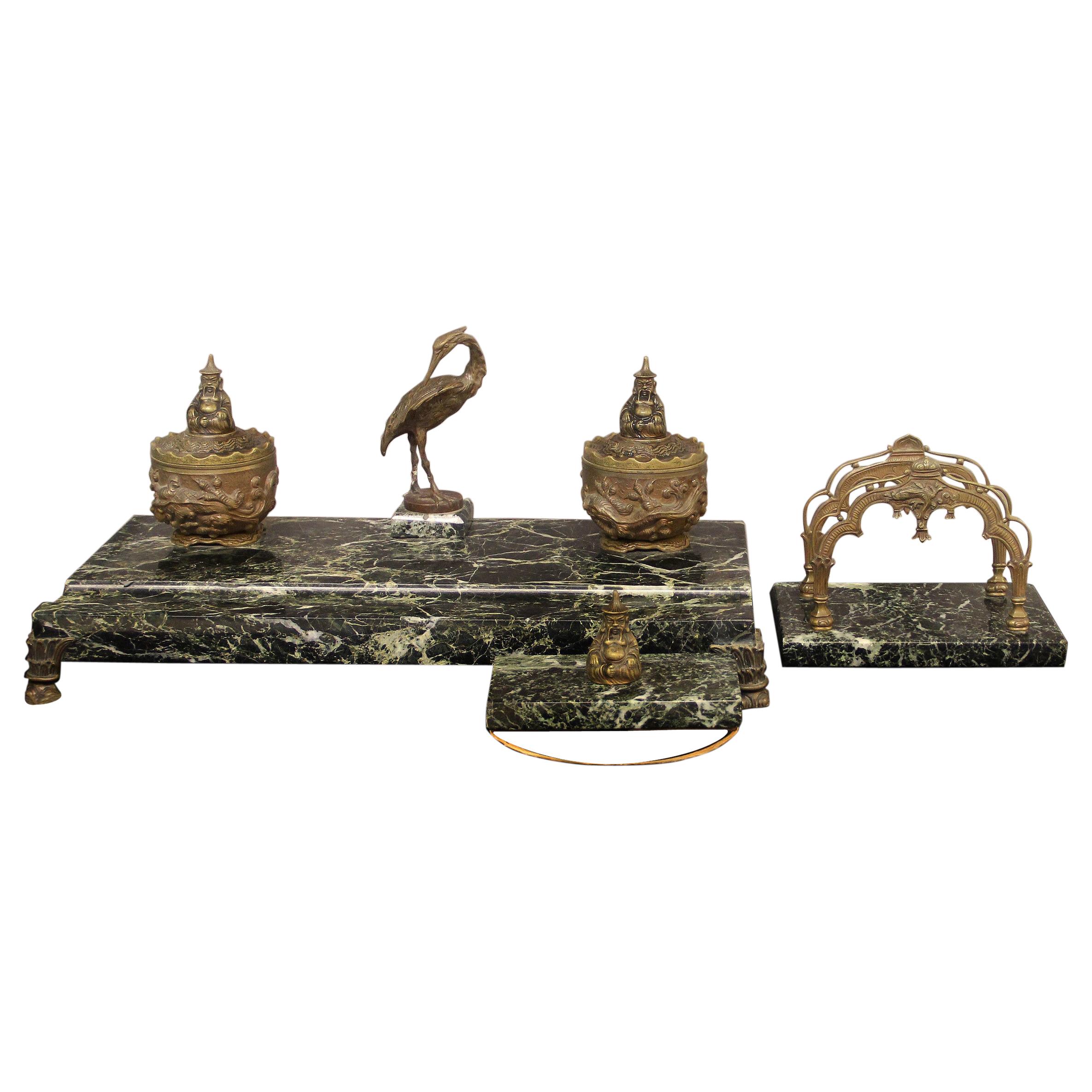 Very Nice Late 19th Century Bronze and Marble 3 Piece Desk Set For Sale