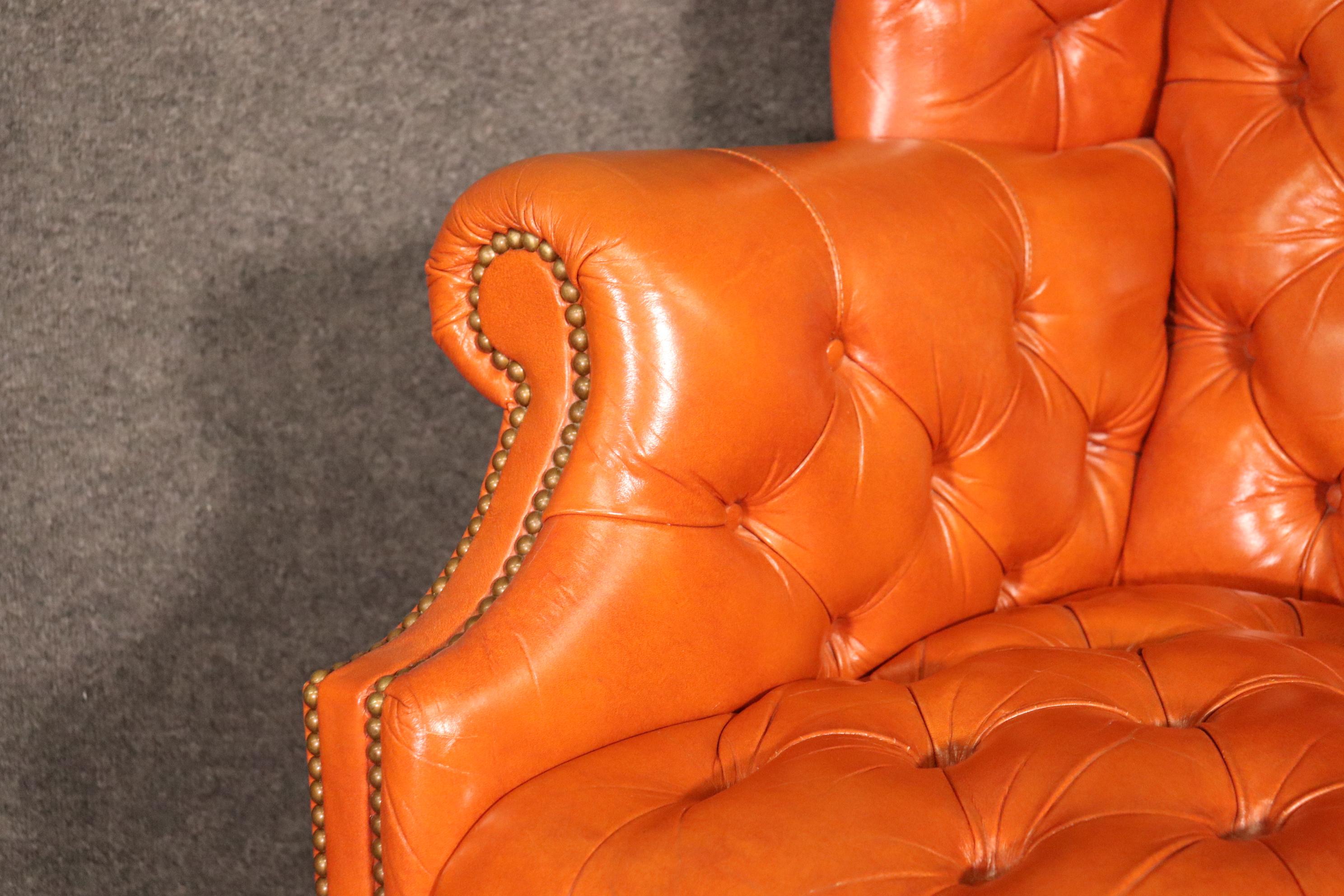 Very Nice Pair of Orange Chesterfield Wing Back Chairs with one stool 5