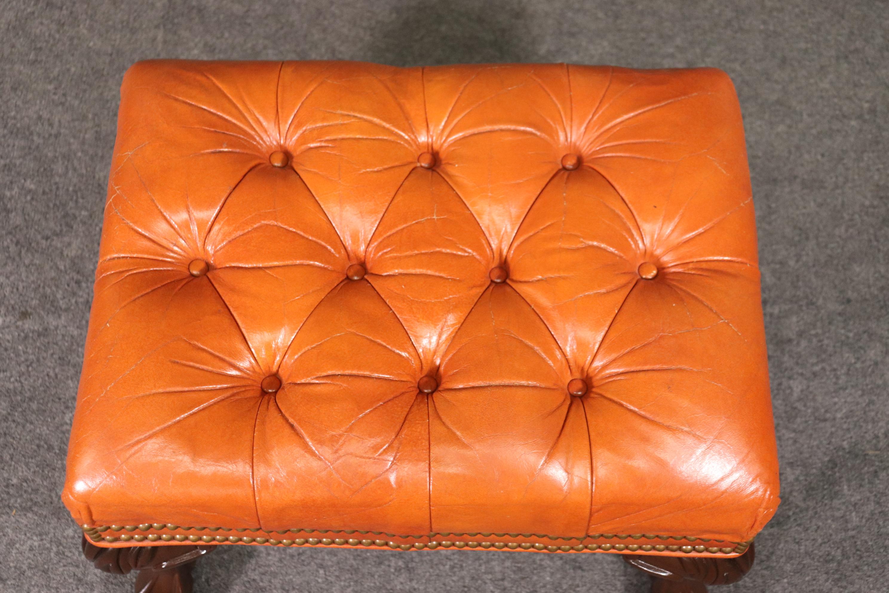 Very Nice Pair of Orange Chesterfield Wing Back Chairs with one stool 7