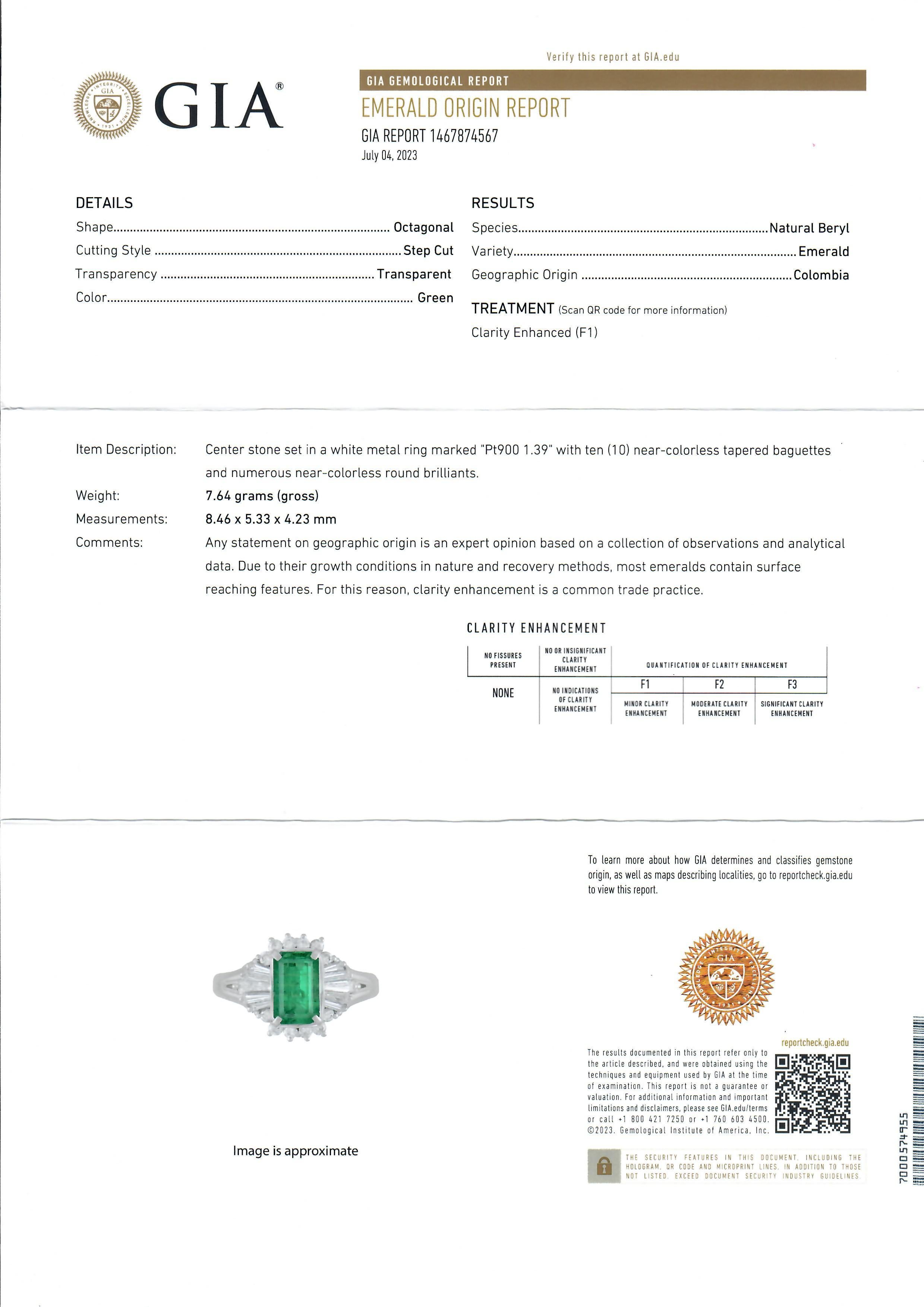 Très belle bague en platine GIA 2.02ct Long Vivid Green Colombian Emerald w/ Diamond Ring en vente 9