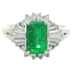 Very Nice Platinum GIA 2.02ct Long Vivid Green Colombian Emerald w/ Diamond Ring