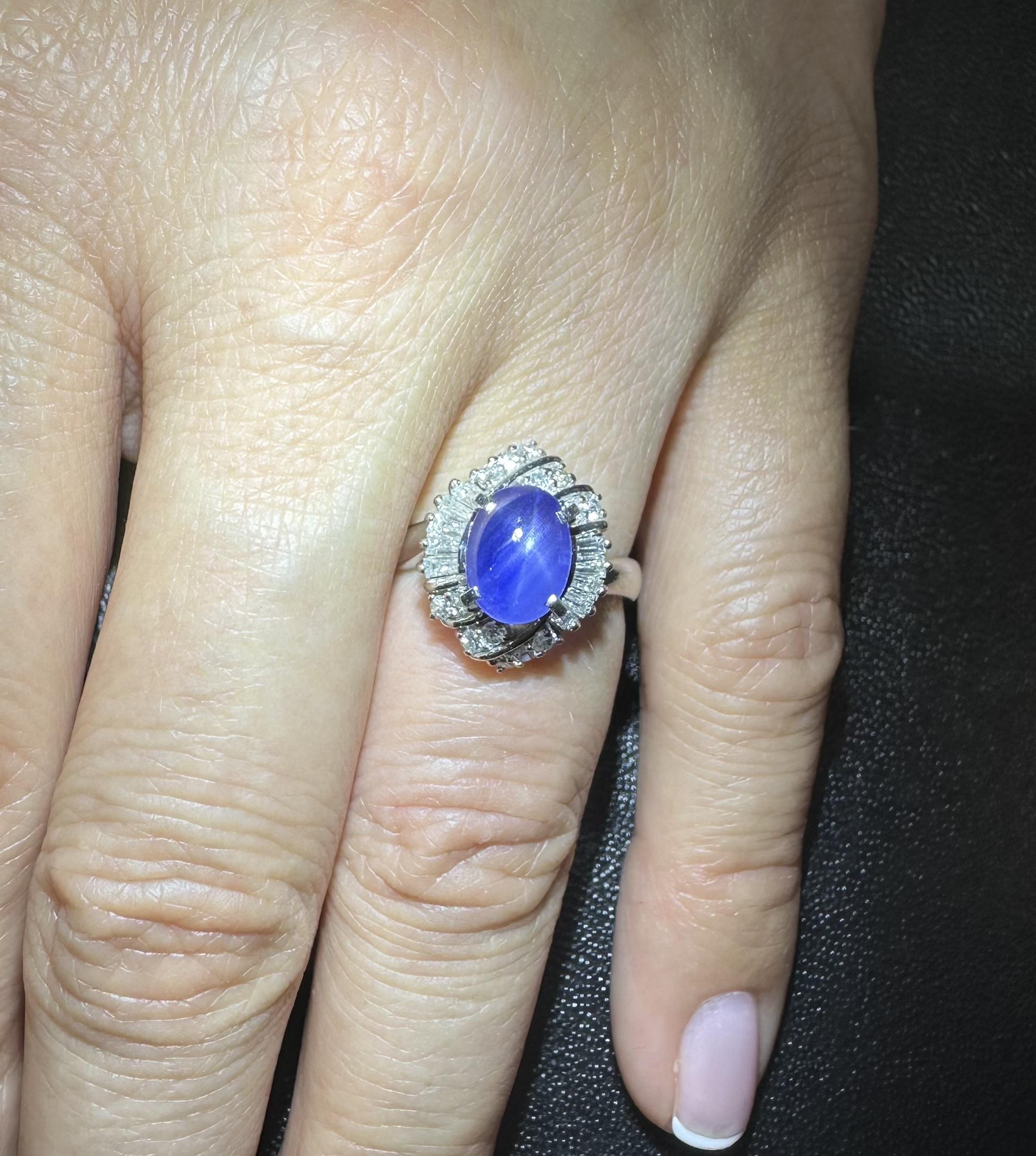 Very Nice Platinum GIA 2.53ctw Transparent Blue Star Sapphire Diamond Halo Ring For Sale 4