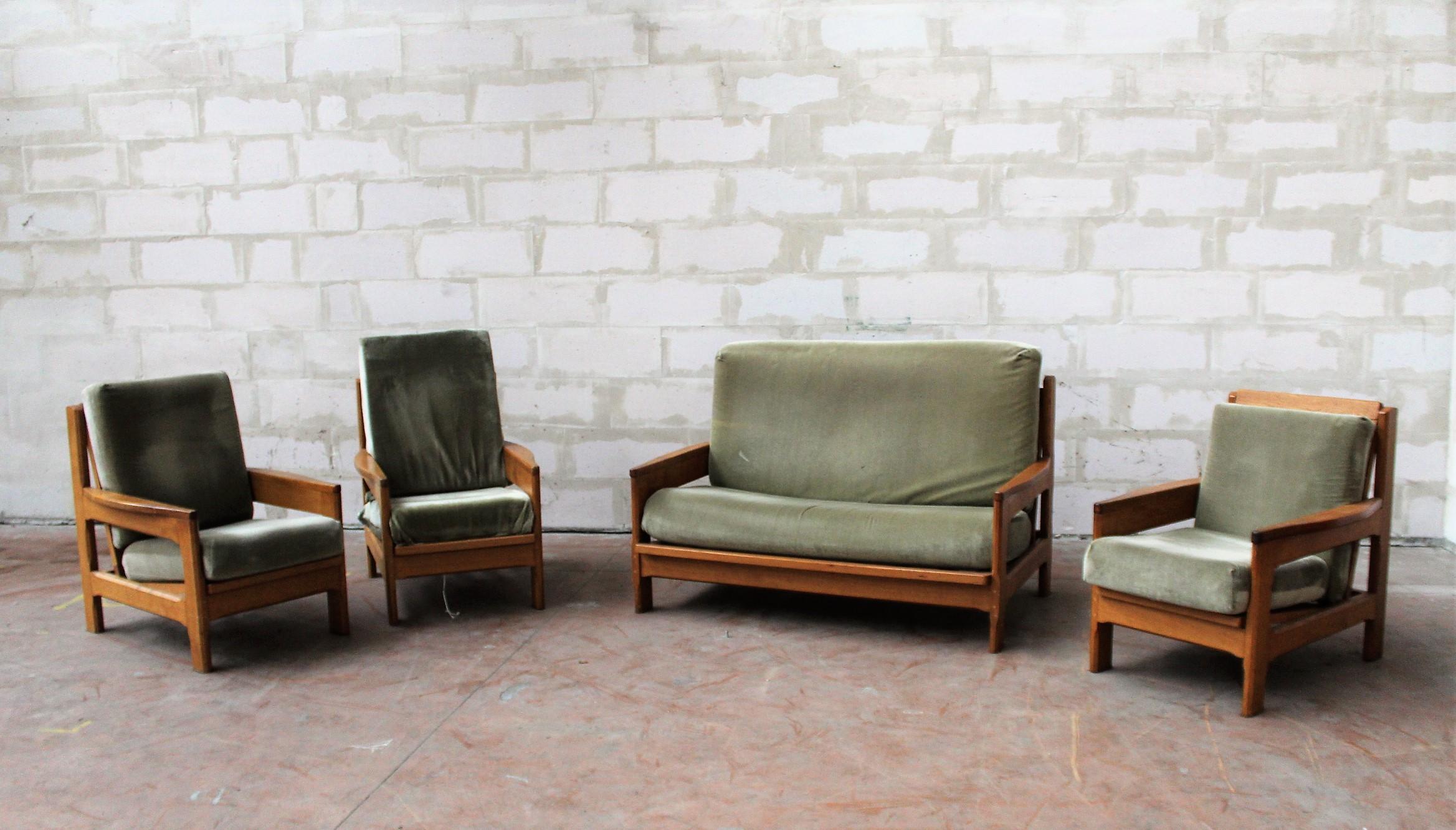 Art Deco Very Nice Solid Oak Sofa Set Comprising Sofa and 3 Armchairs