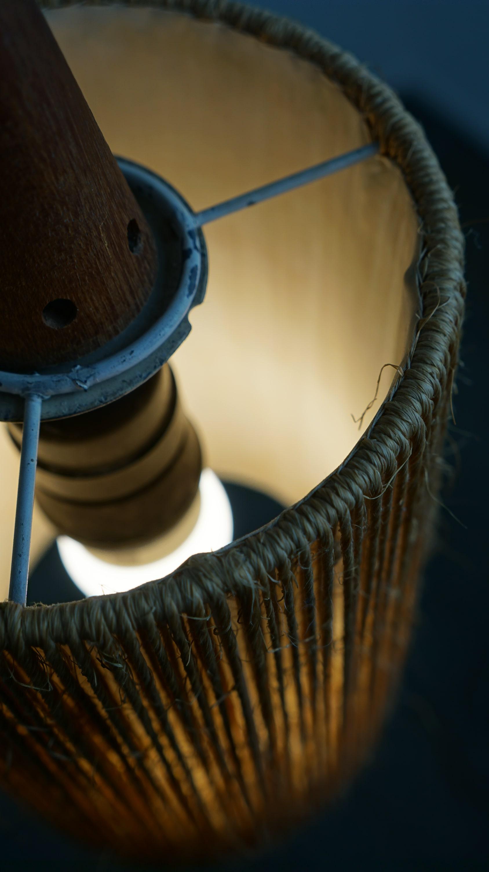 Very nice vintage jute design pendant lamp finished with wood 1