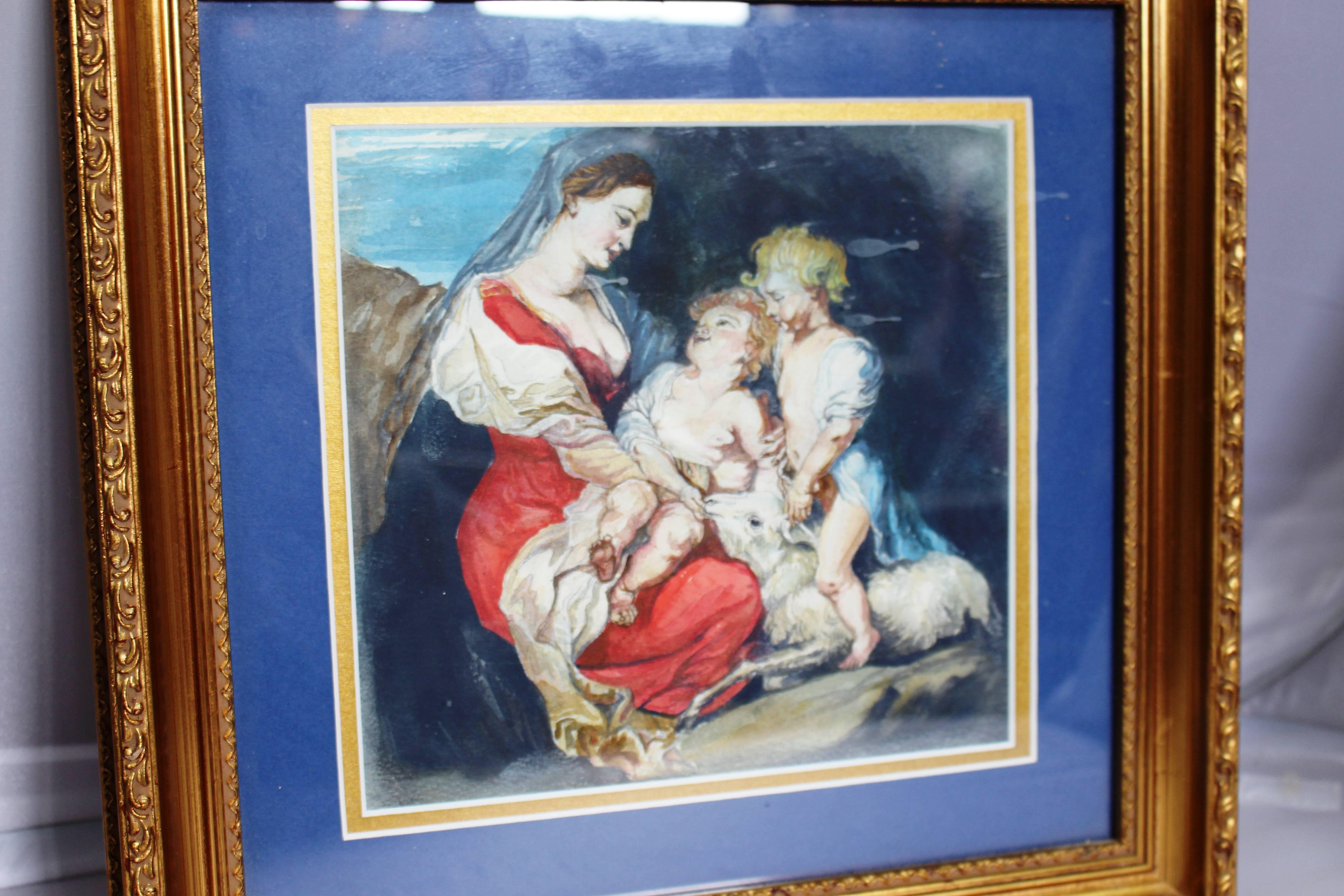 Early 20th c. Italian School Watercolour Set in Gilt Frame For Sale 2
