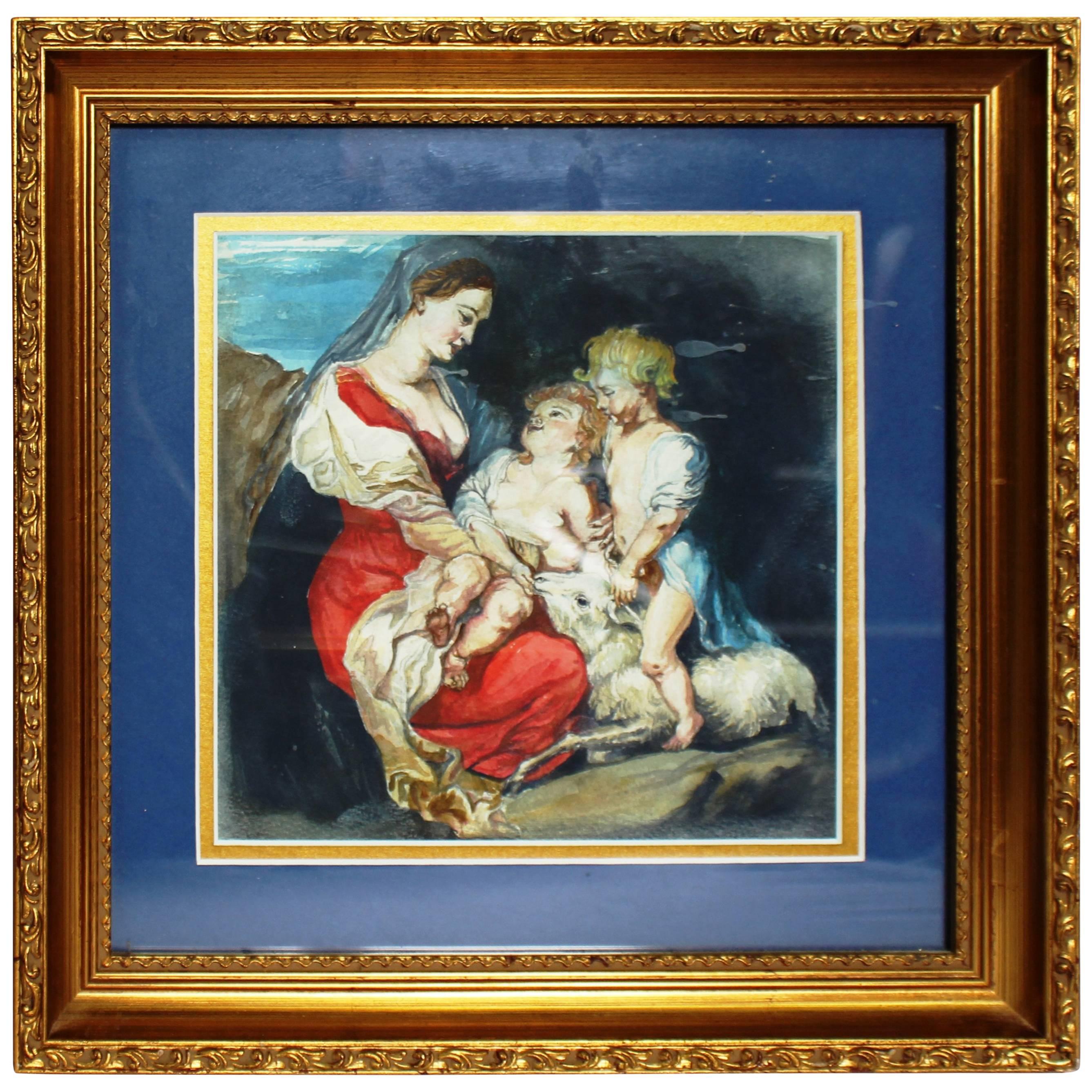 Early 20th c. Italian School Watercolour Set in Gilt Frame For Sale
