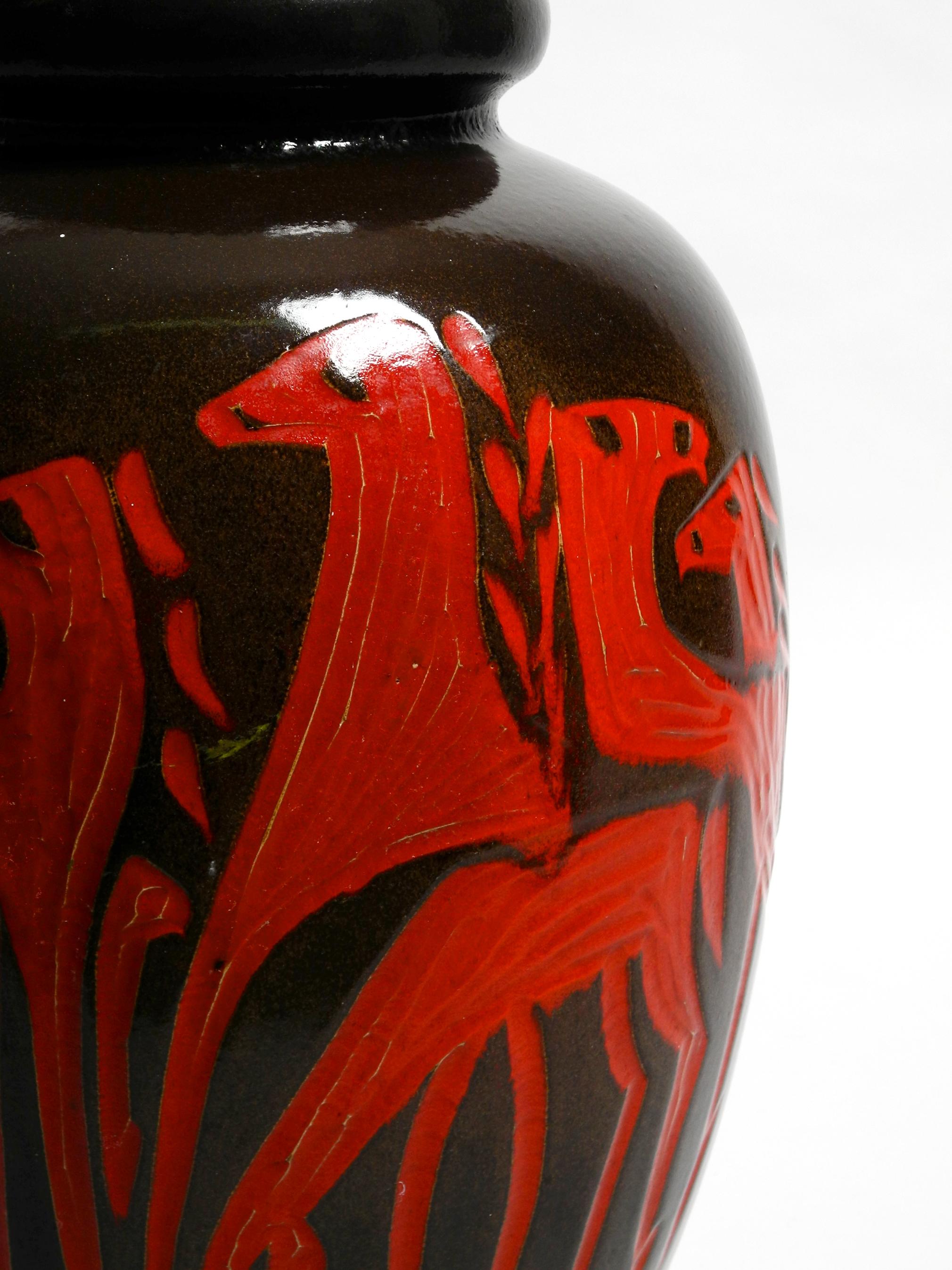 Very Nice Extra Large Dark Brown Ceramic Floor Vase with Red Abstract Horses 1
