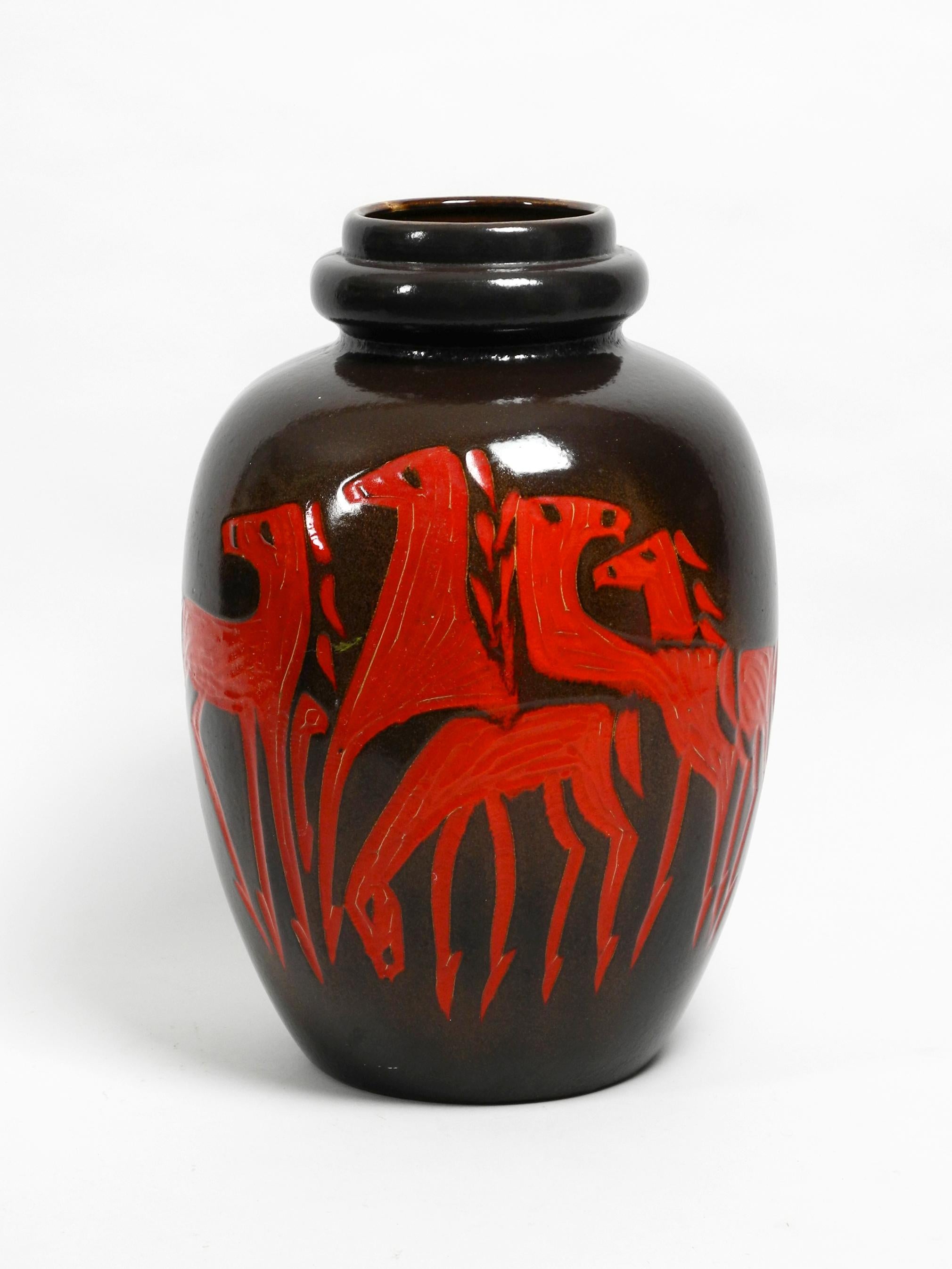 Very Nice Extra Large Dark Brown Ceramic Floor Vase with Red Abstract Horses 2