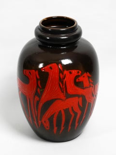 Very Nice Extra Large Dark Brown Ceramic Floor Vase with Red Abstract Horses