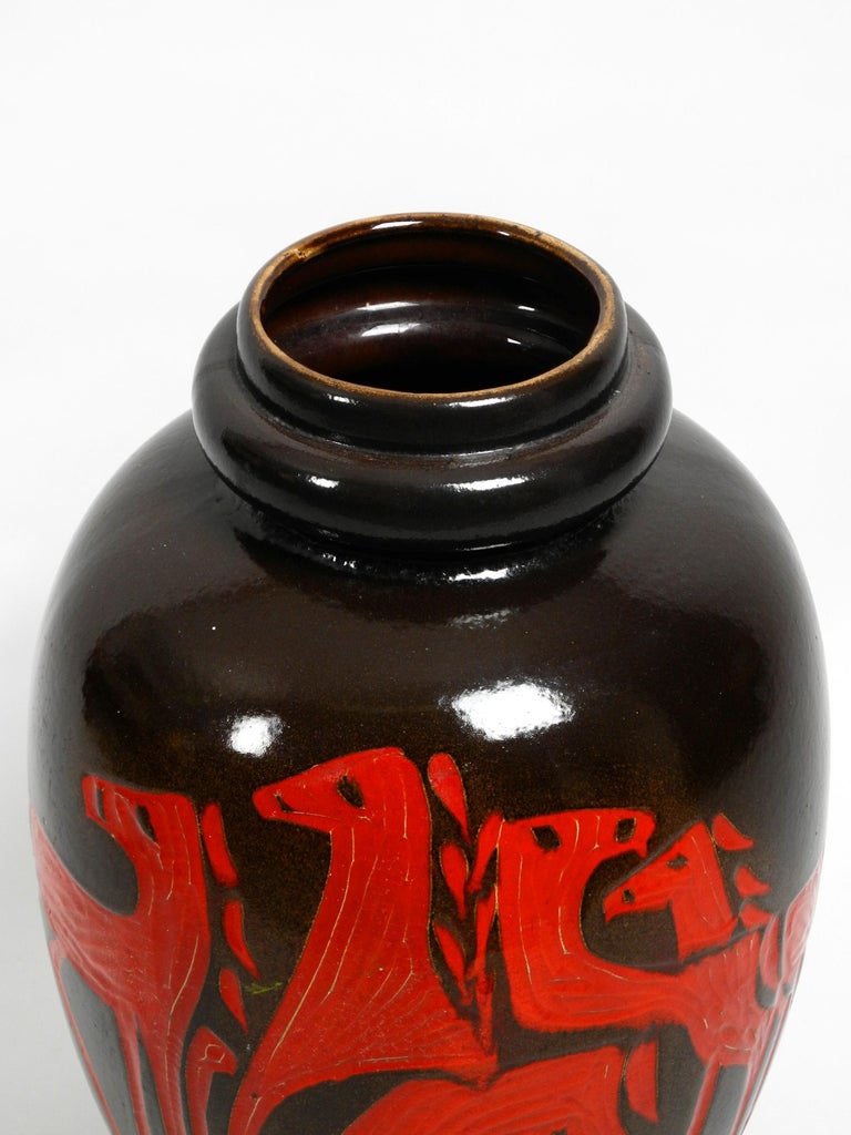 Very Nice Extra Large Dark Brown Ceramic Floor Vase With Red Abstract Horses For Sale At 1stdibs