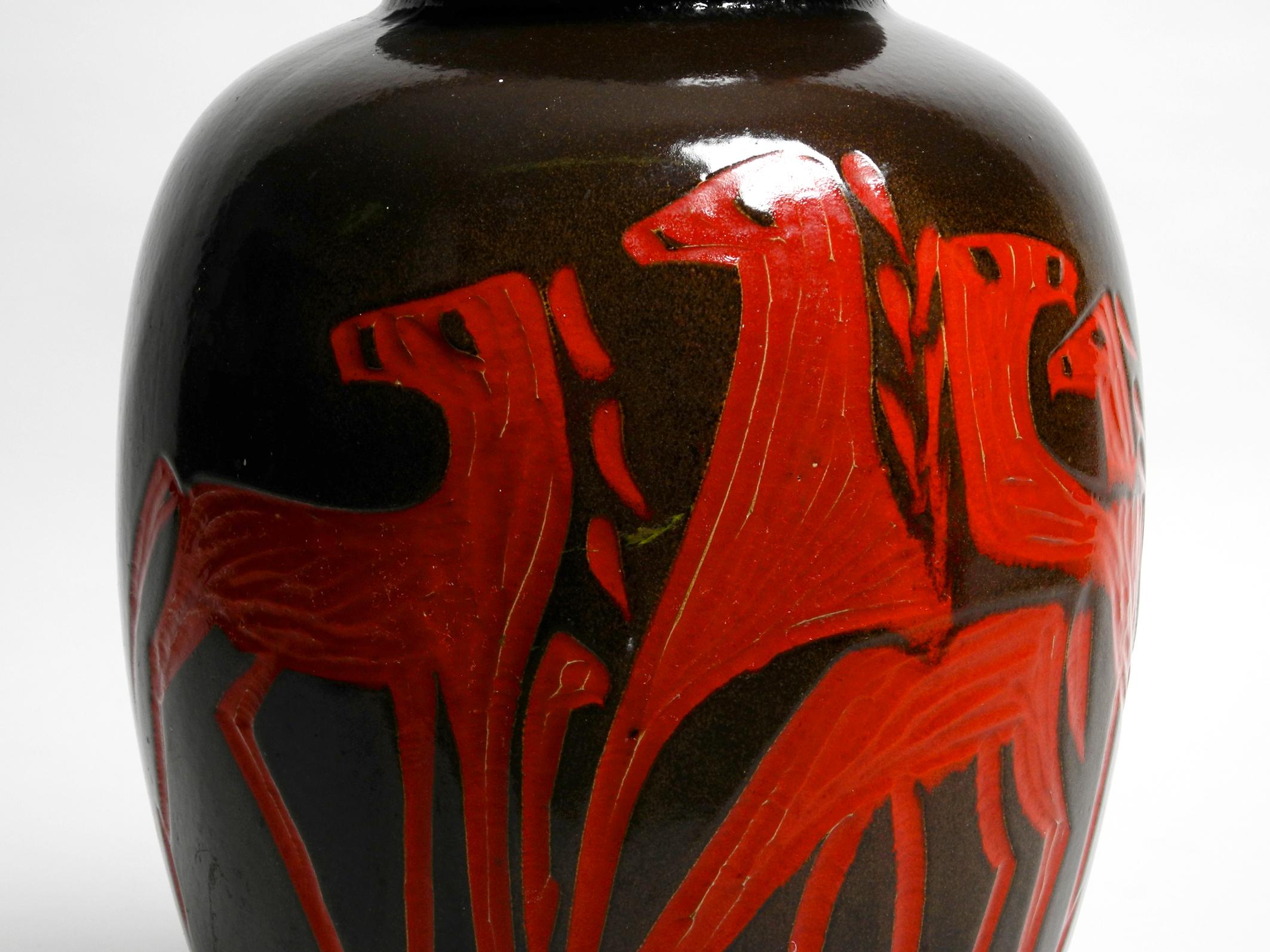 Mid-Century Modern Very Nice Extra Large Dark Brown Ceramic Floor Vase with Red Abstract Horses
