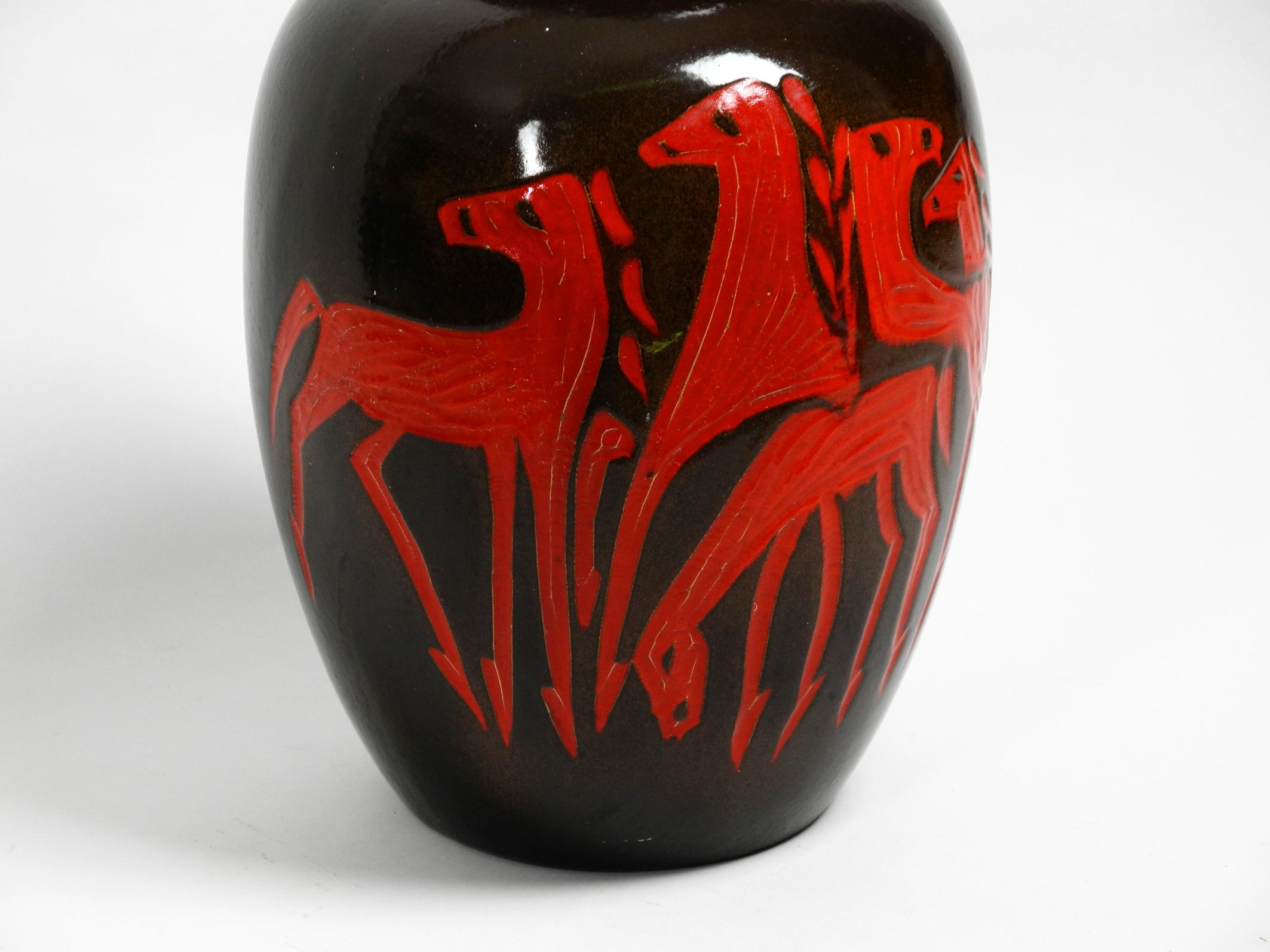 Mid-20th Century Very Nice Extra Large Dark Brown Ceramic Floor Vase with Red Abstract Horses