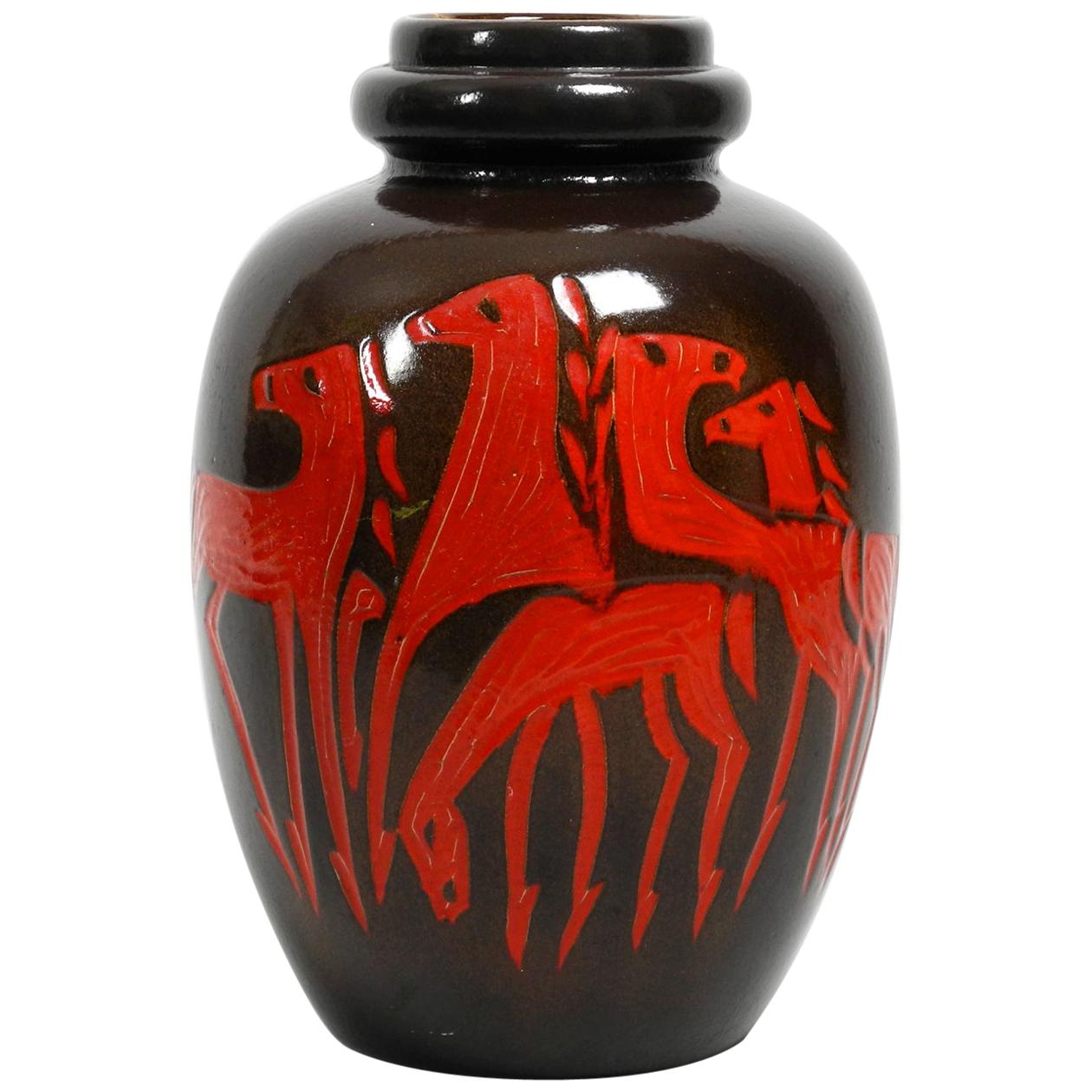 Very Nice Extra Large Dark Brown Ceramic Floor Vase with Red Abstract Horses