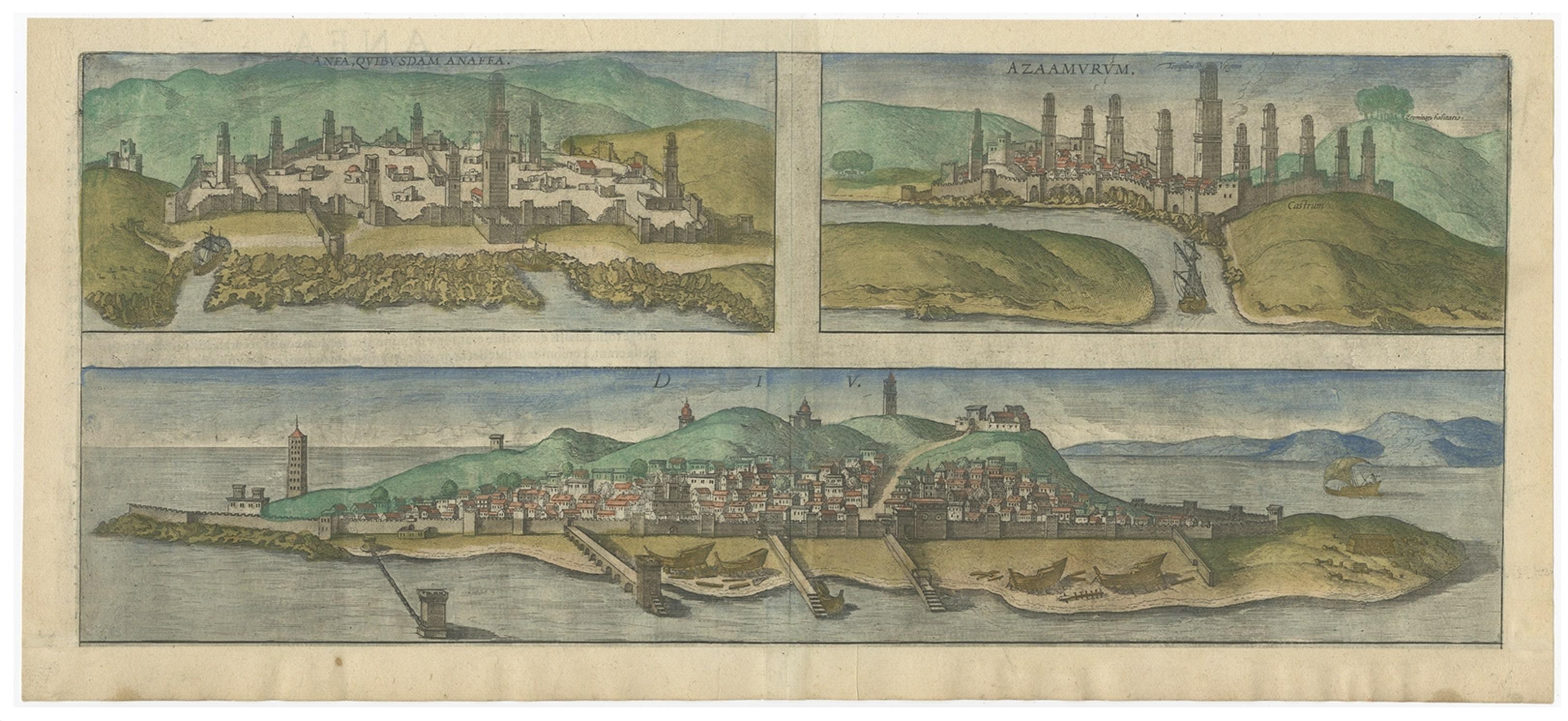 Antique print titled 'Anfa, Quibusdam Anaffa / Azaamurum / Diu'. 

Three views on one sheet depicting Casablanca (Anfa), Azemmour (Azamor) and Diu. Anfa is an ancient site which has been inhabited for millenia. Early settlement was by the Berbers in