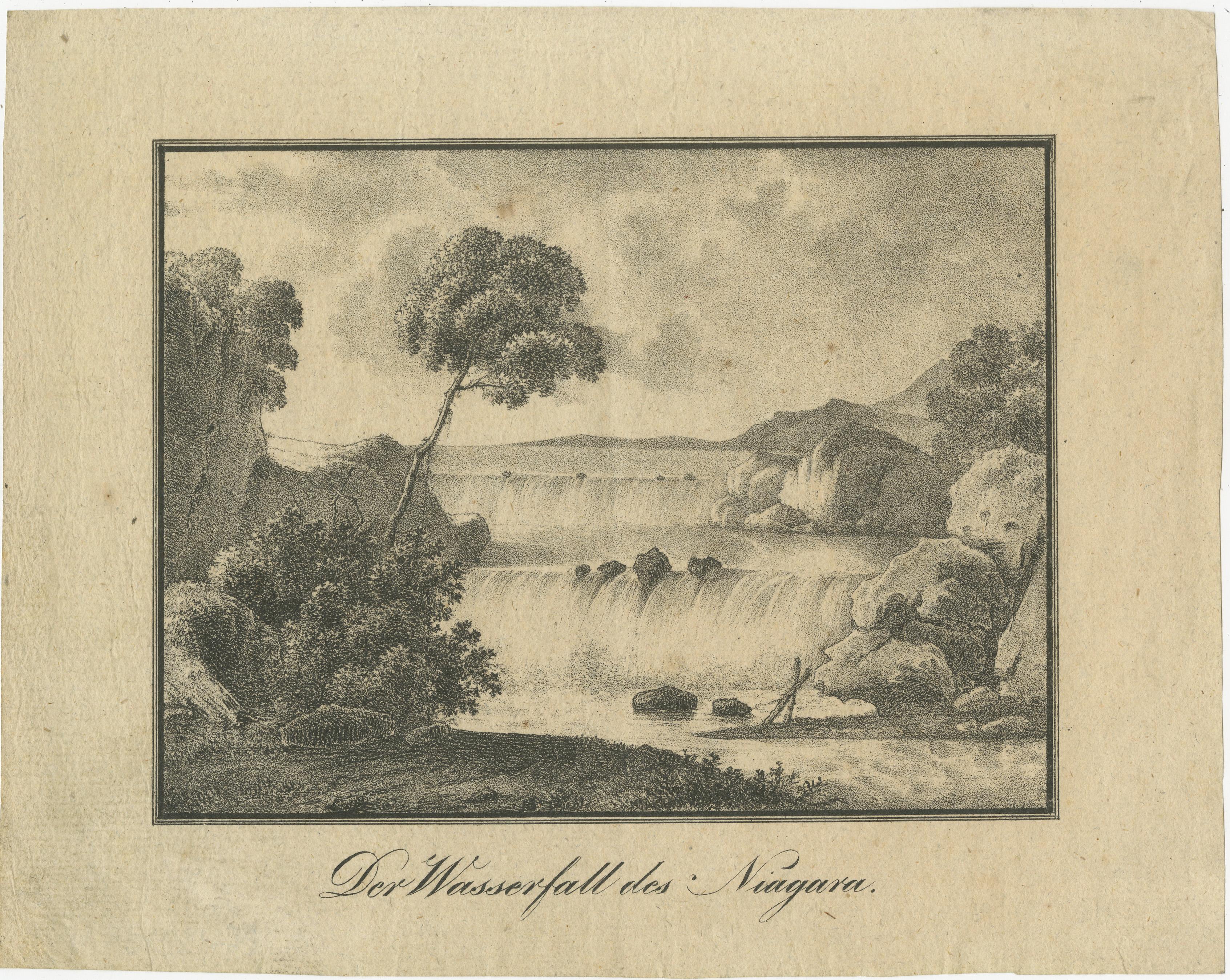 Antique print titled 'Der Wasserfall des Niagara'. Original antique print of the Niagara Falls. With German title. Source unknown, to be determined. Published circa 1820.