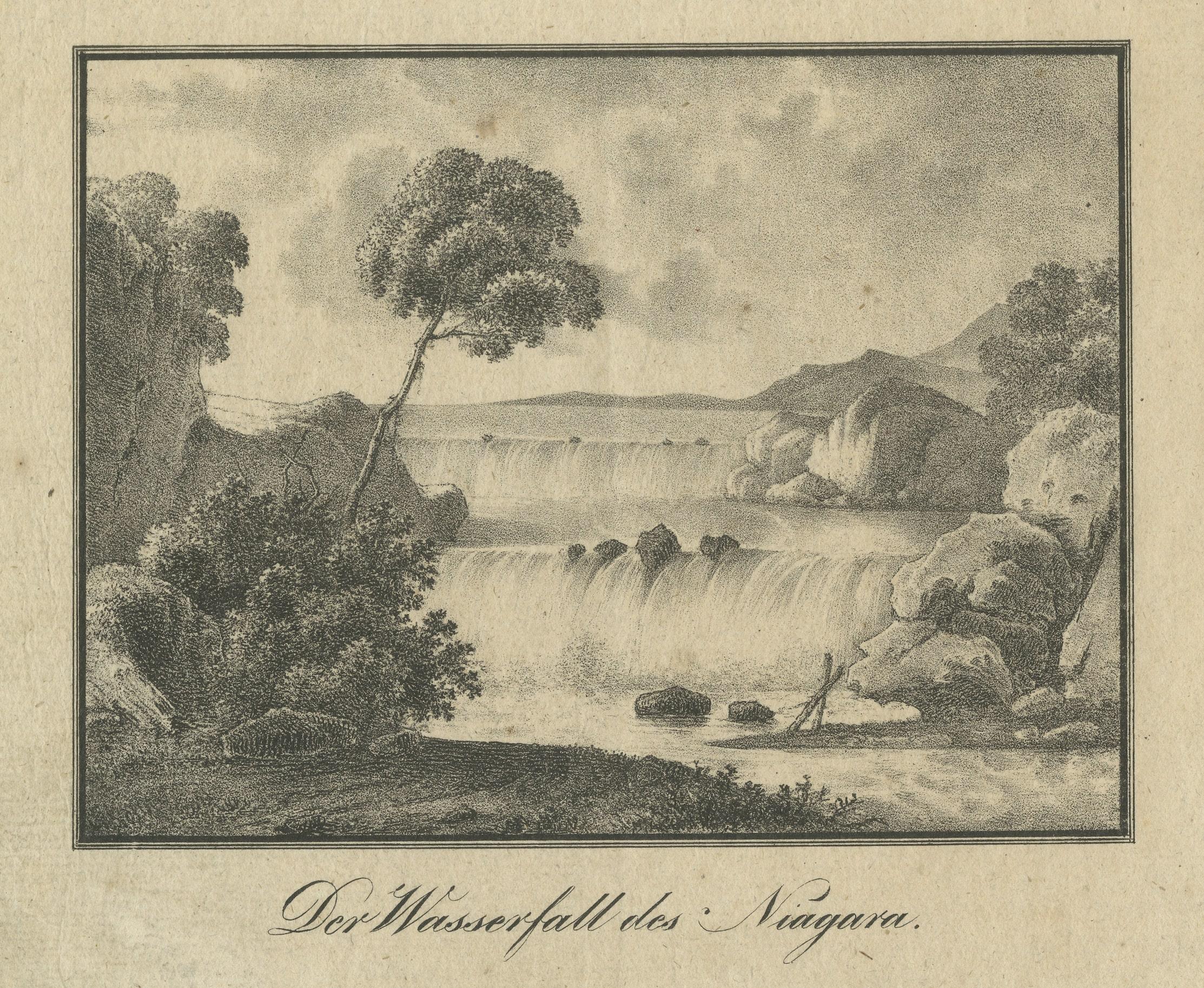 Very Old German Print of the Niagara Falls Between Canada and the US In Fair Condition For Sale In Langweer, NL