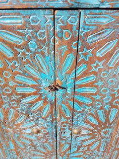 Very Old Moroccan Wooden Cabinet, Turquoise