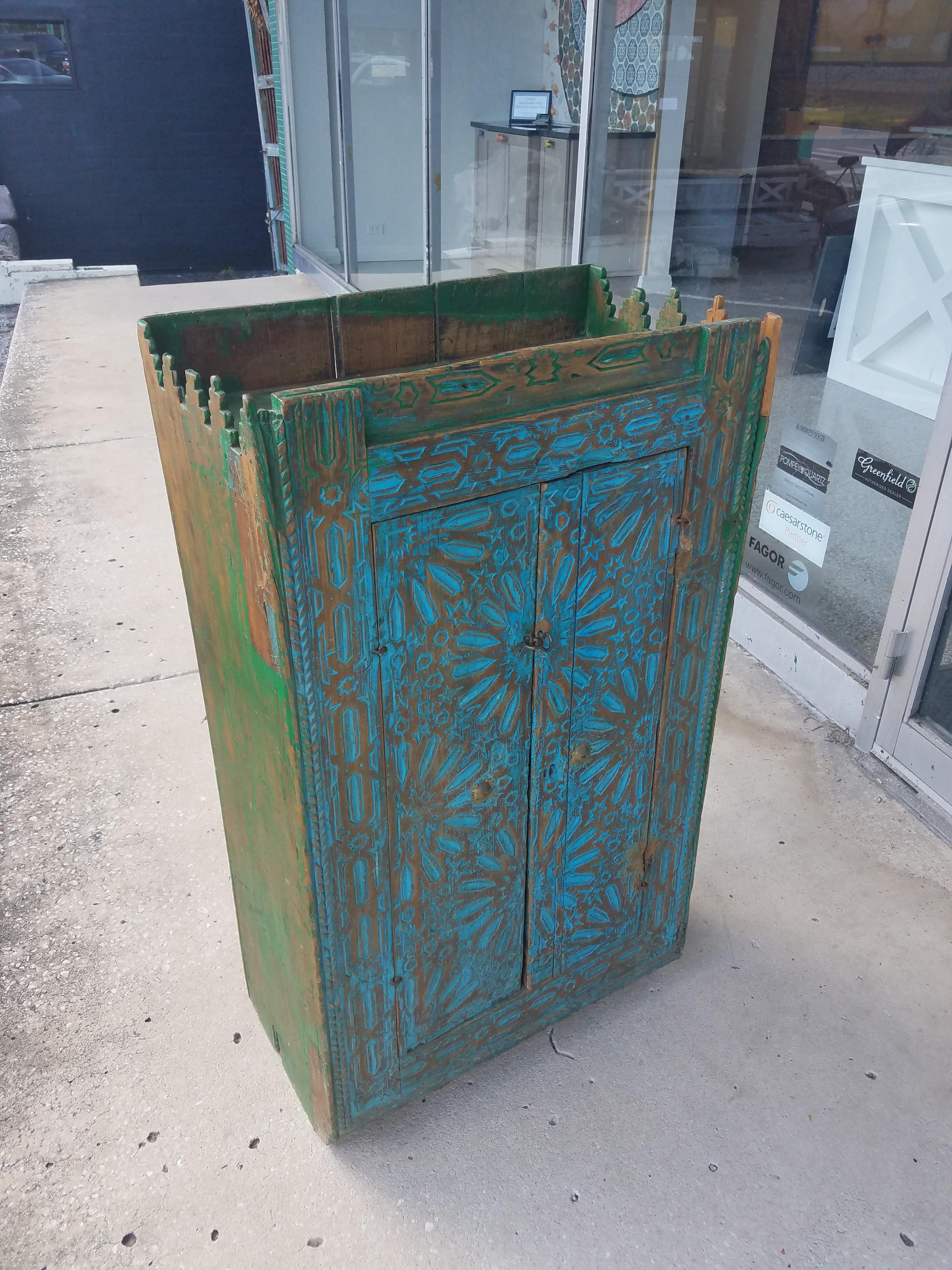 Carved Very Old Moroccan Wooden Cabinet, Turquoise For Sale