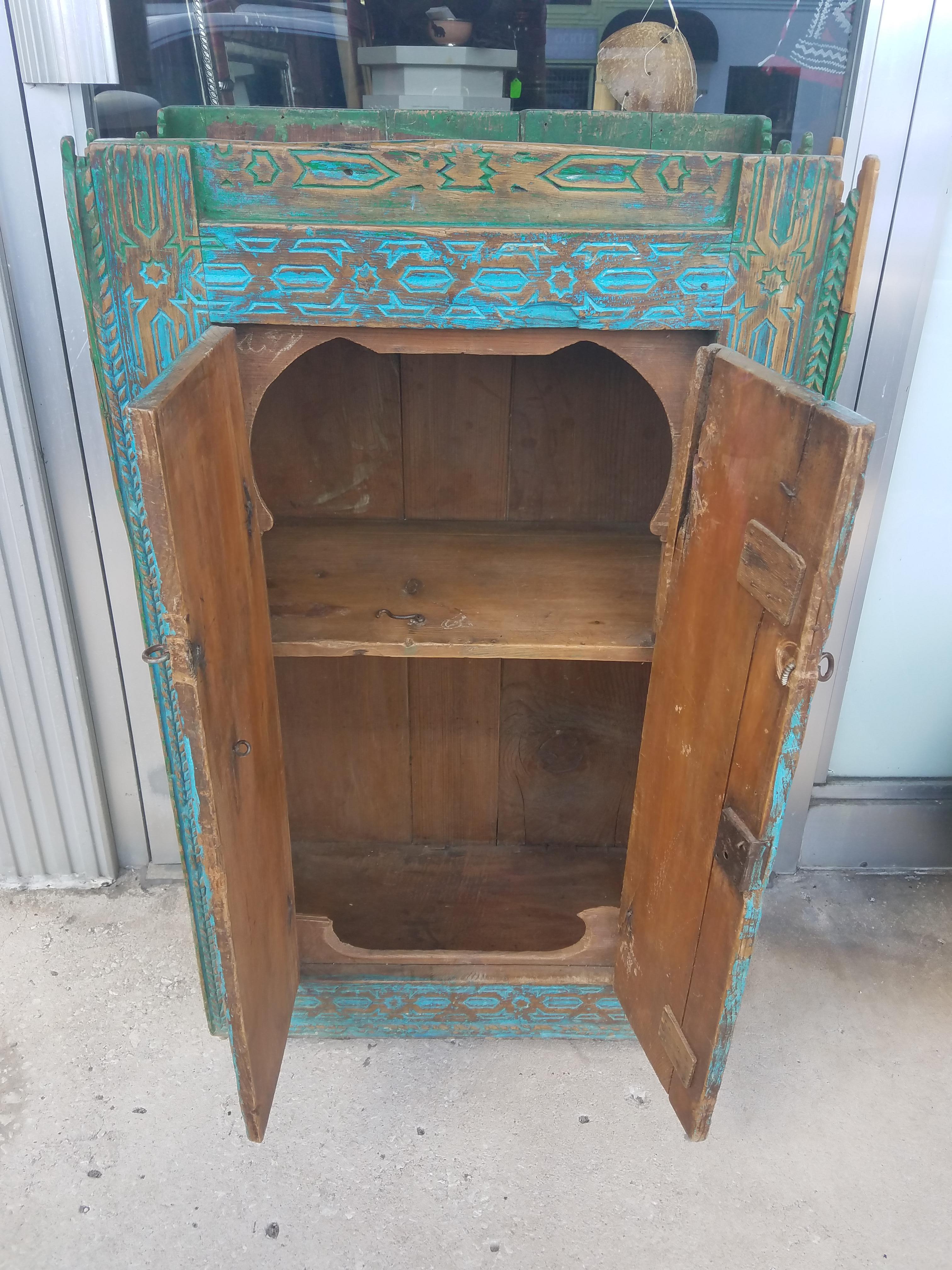 Very Old Moroccan Wooden Cabinet, Turquoise In Distressed Condition For Sale In Orlando, FL