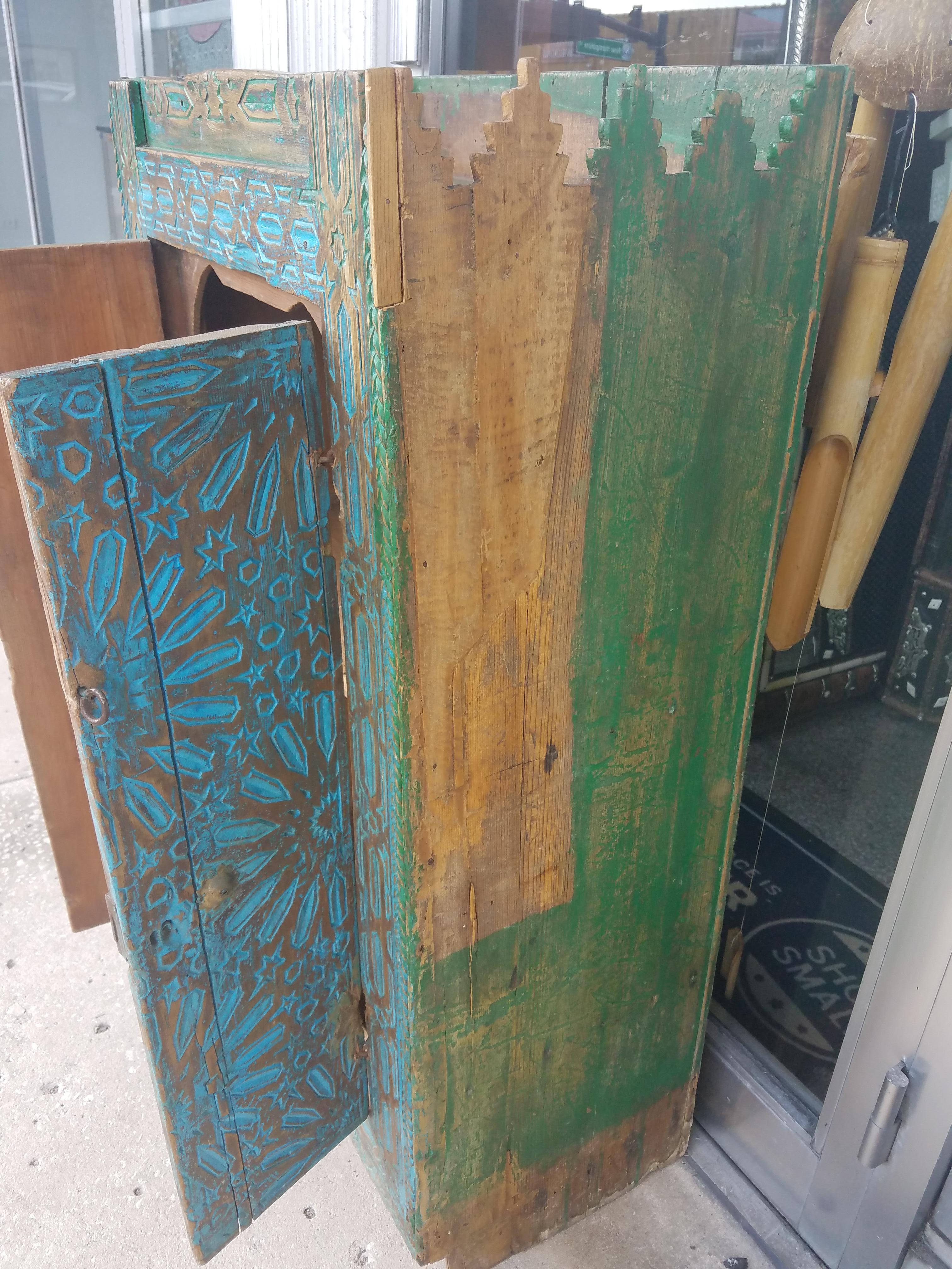 20th Century Very Old Moroccan Wooden Cabinet, Turquoise For Sale