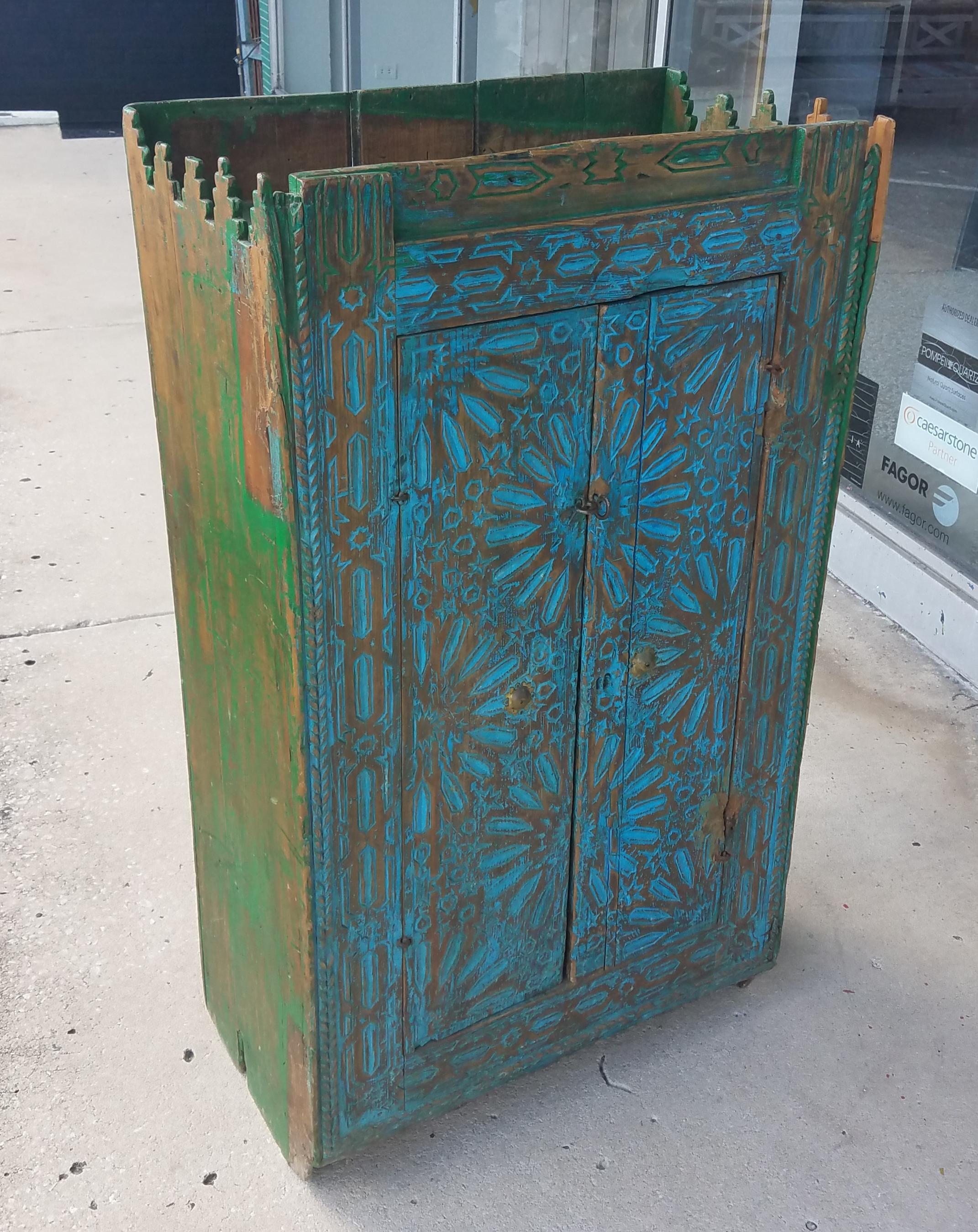 Very Old Moroccan Wooden Cabinet, Turquoise For Sale 1