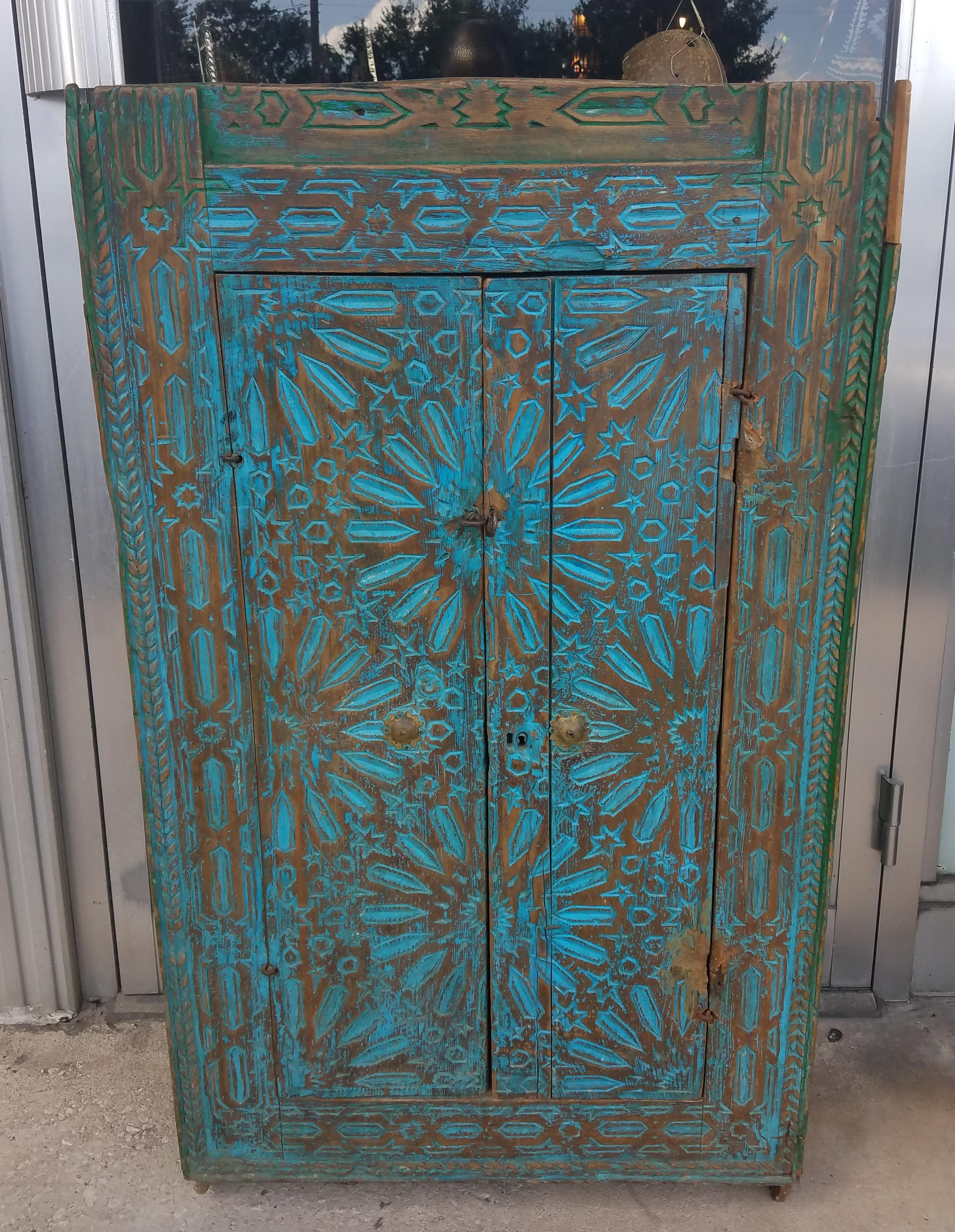 Very Old Moroccan Wooden Cabinet, Turquoise For Sale 2