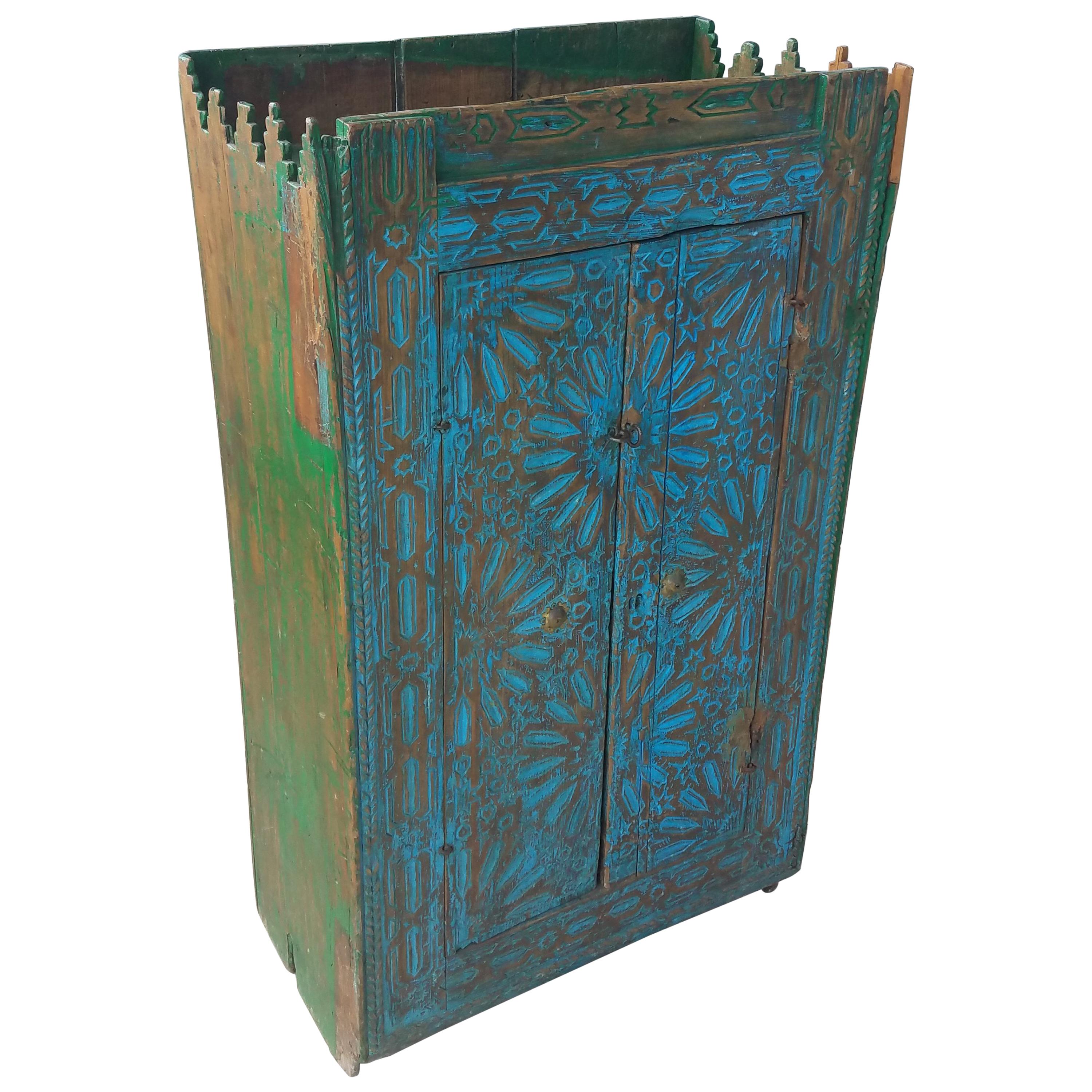 Very Old Moroccan Wooden Cabinet, Turquoise For Sale