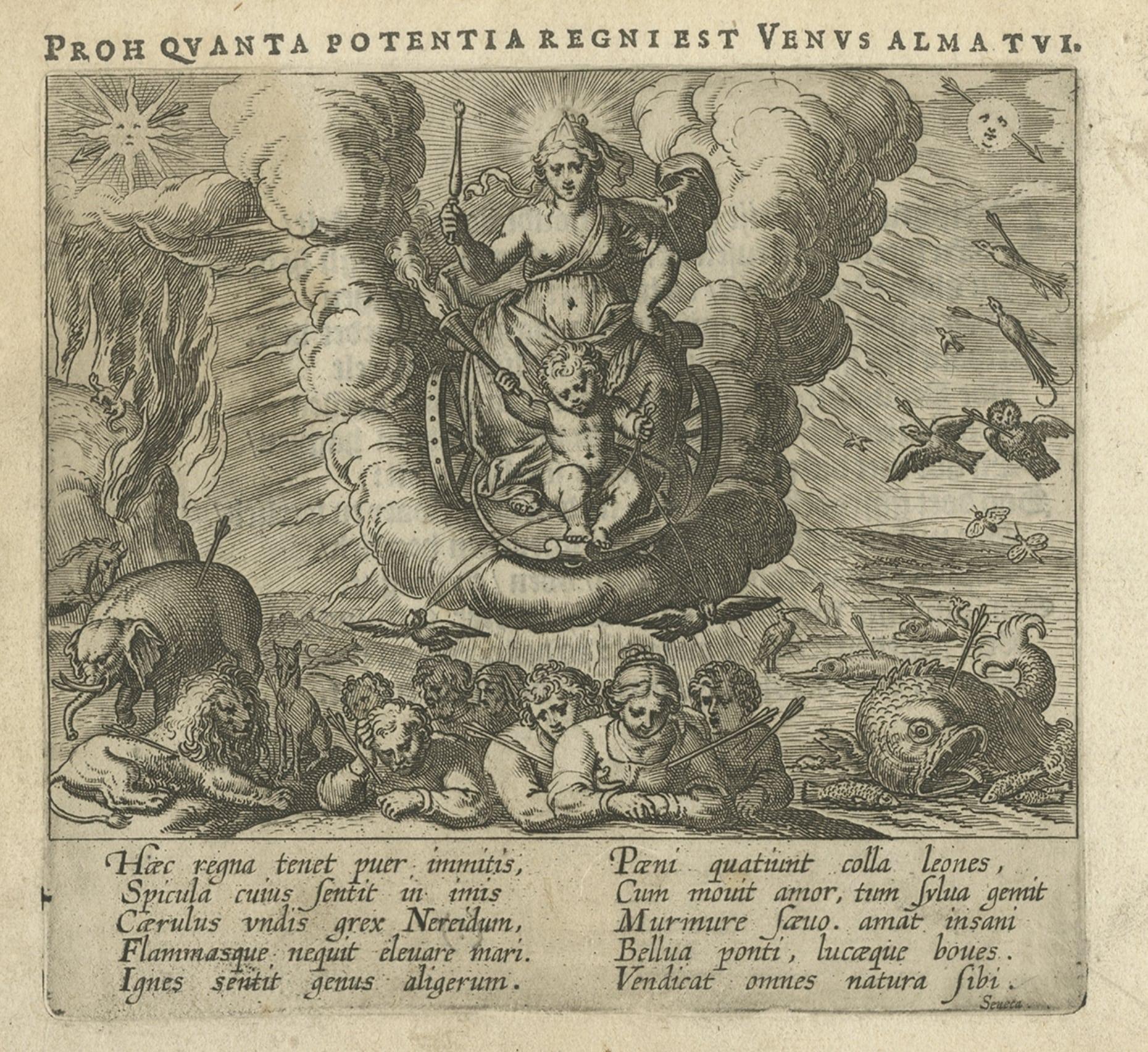 Very Old Original Antique Engraving of a Print of the Triumph of Venus, 1608 In Good Condition In Langweer, NL