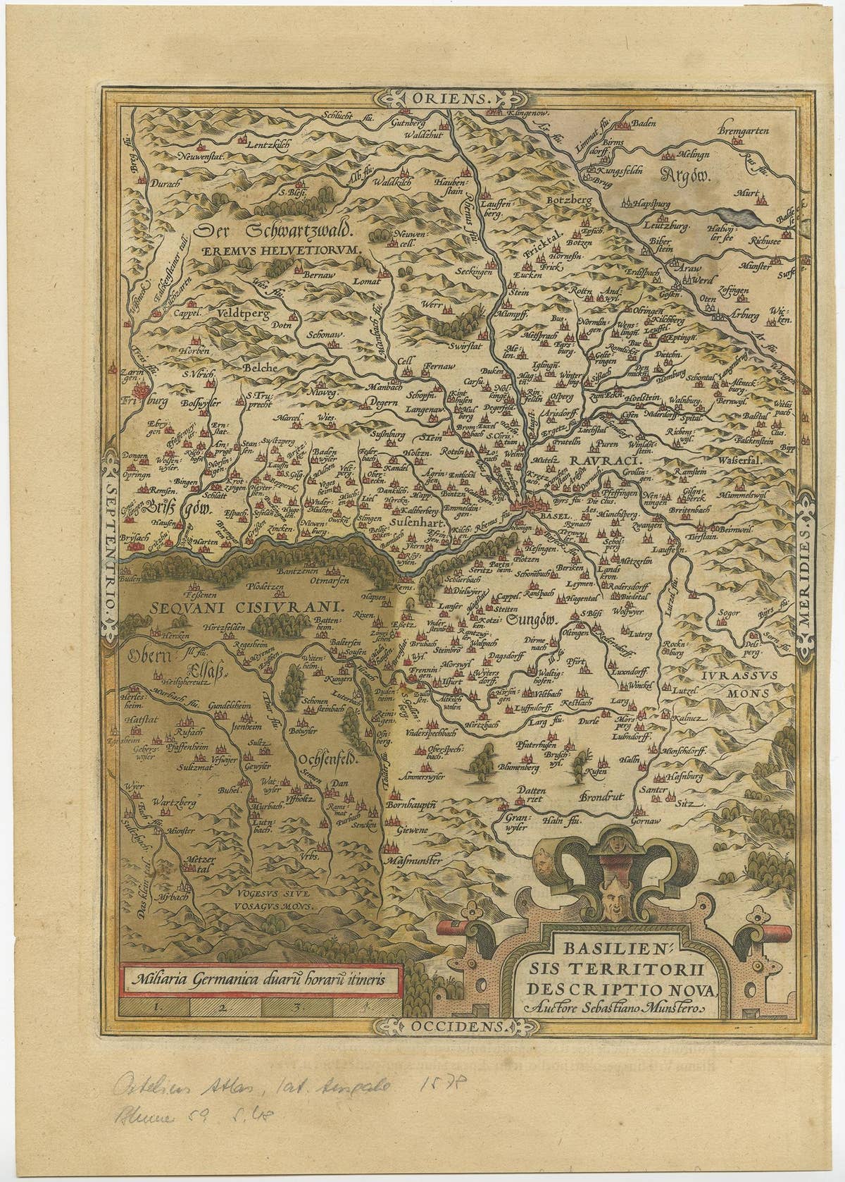 Very Old Original Hand-Colored Map of the Basel Region, Switzerland, Ca.1578