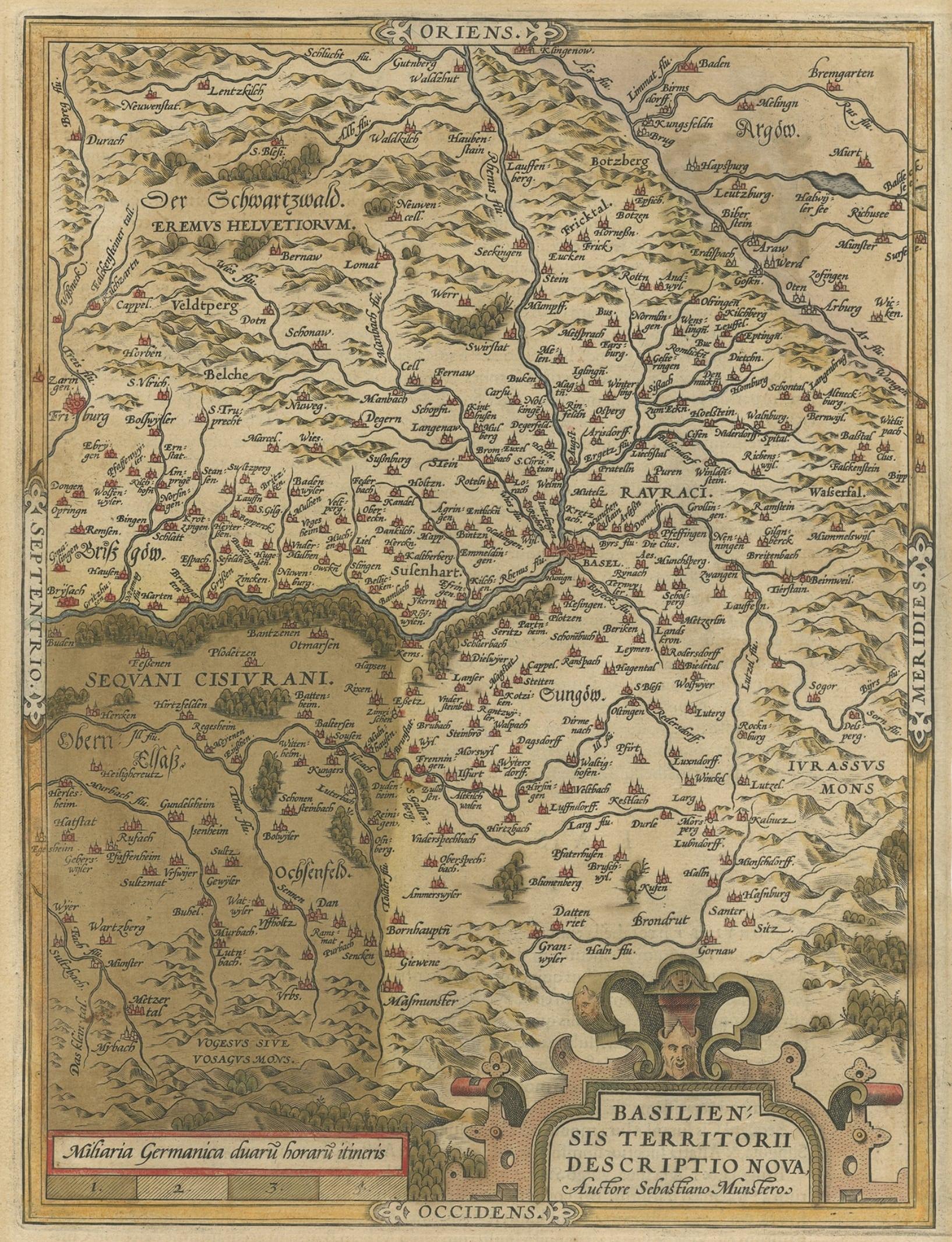 Très ancienne carte originale colorée à la main de la région de Bâle, Suisse, vers 1578 Bon état - En vente à Langweer, NL