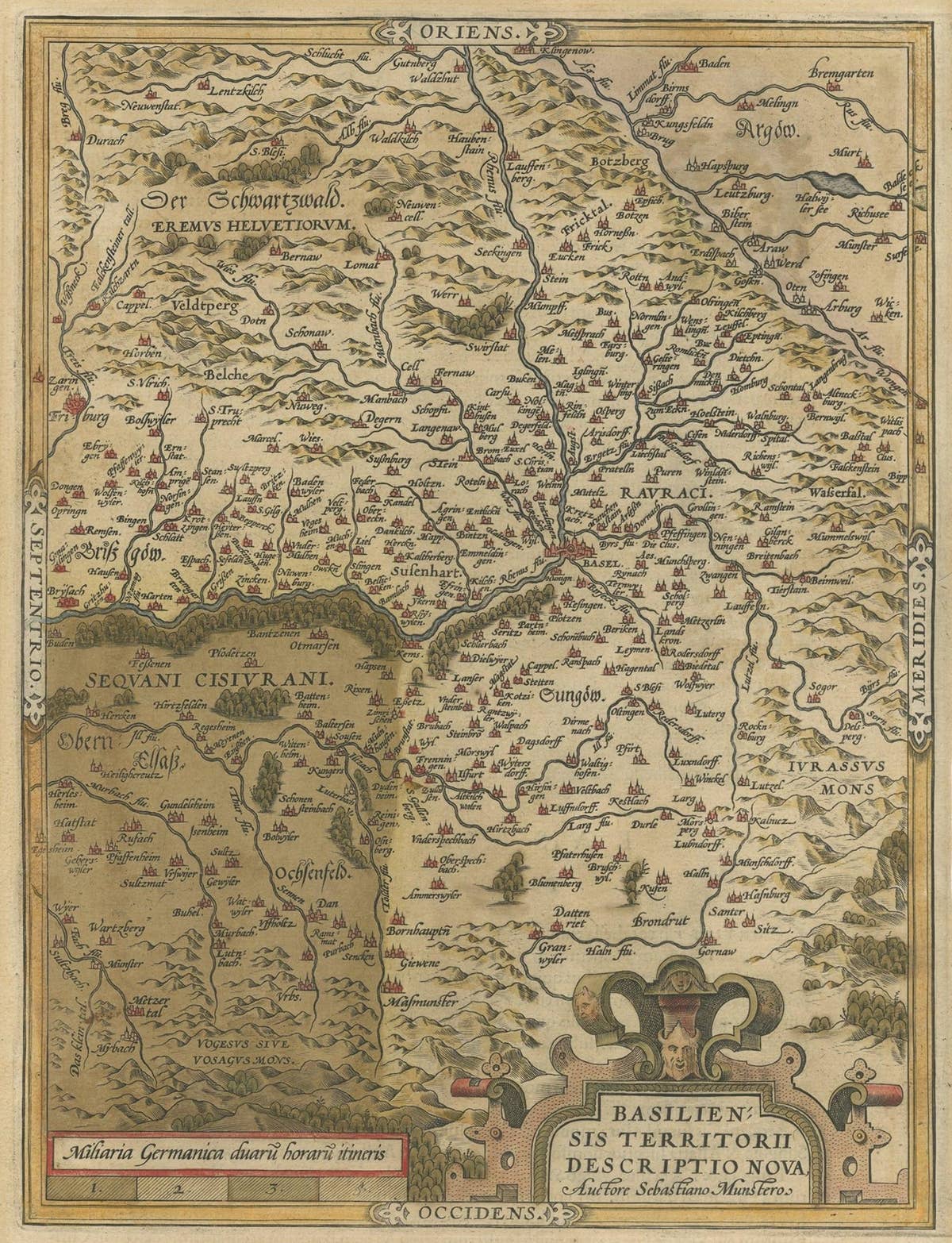 Very Old Original Hand-Colored Map of the Basel Region, Switzerland, Ca.1578