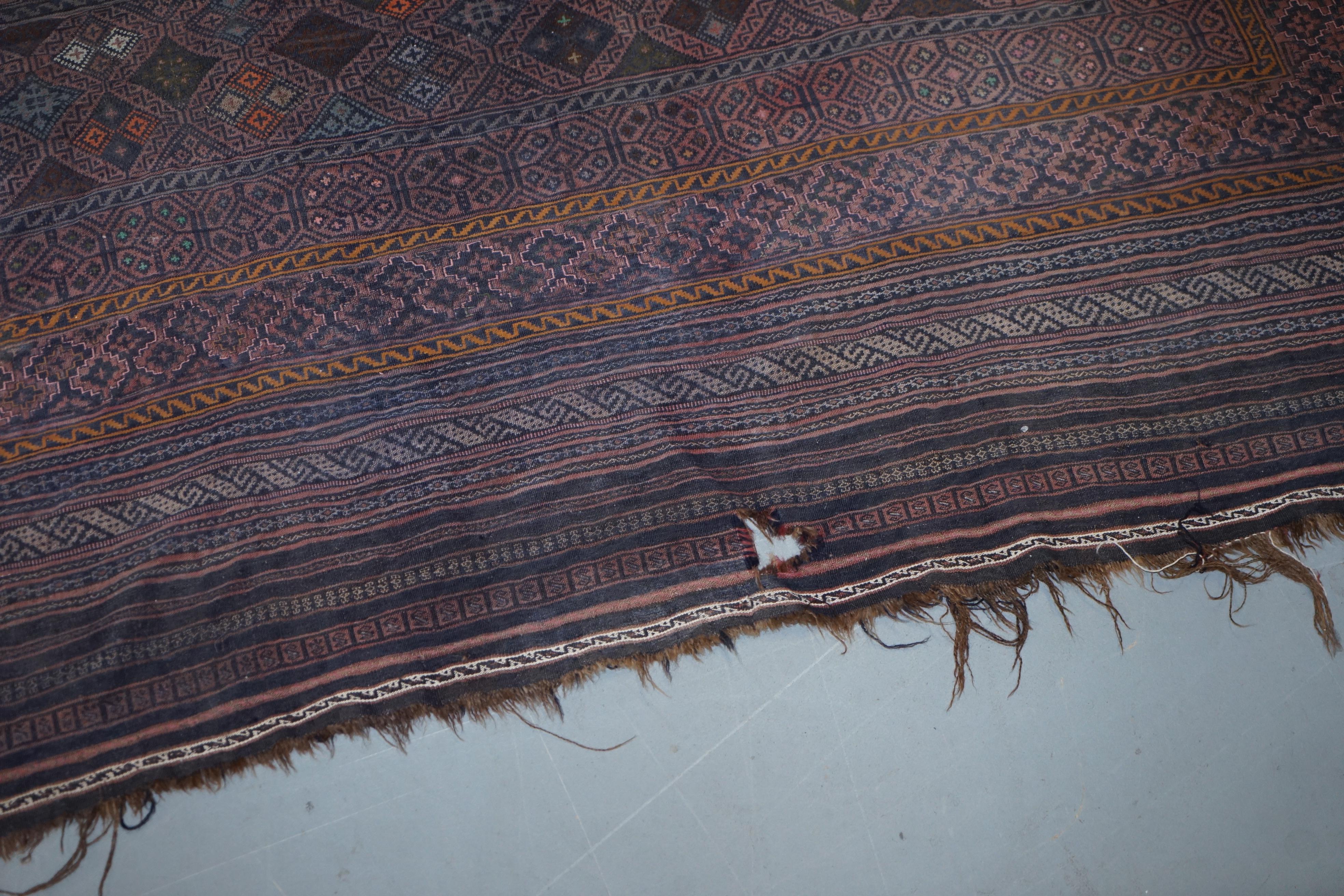 Victorian Very Old Worn Antique Kilim Large Floor Rug Hand Knotted and Woven