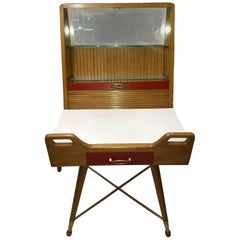 Retro Very Original Desk or Vanity in Natural Elmwood with Roll Top Curtain